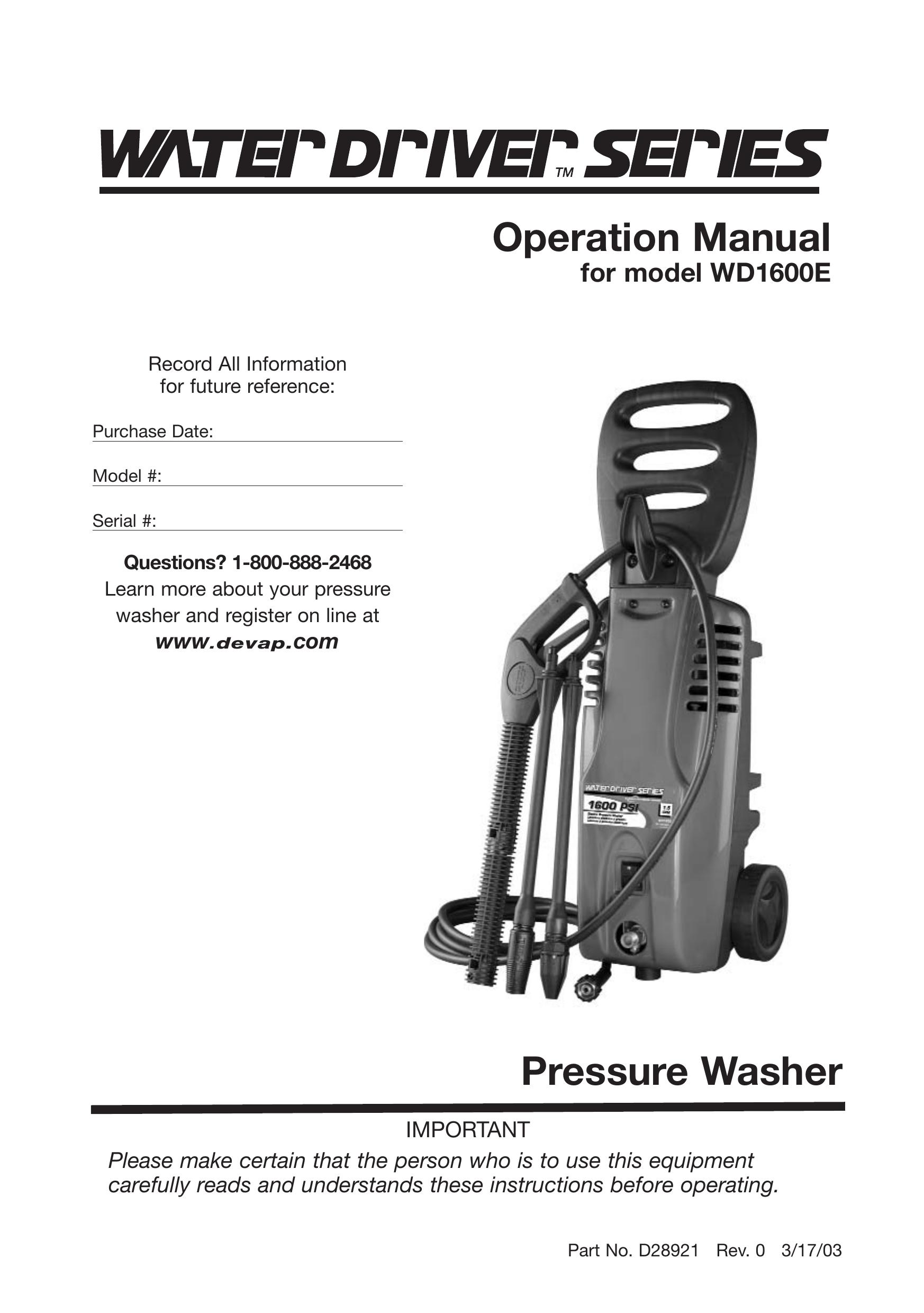 DeVillbiss Air Power Company WD1600E Pressure Washer User Manual