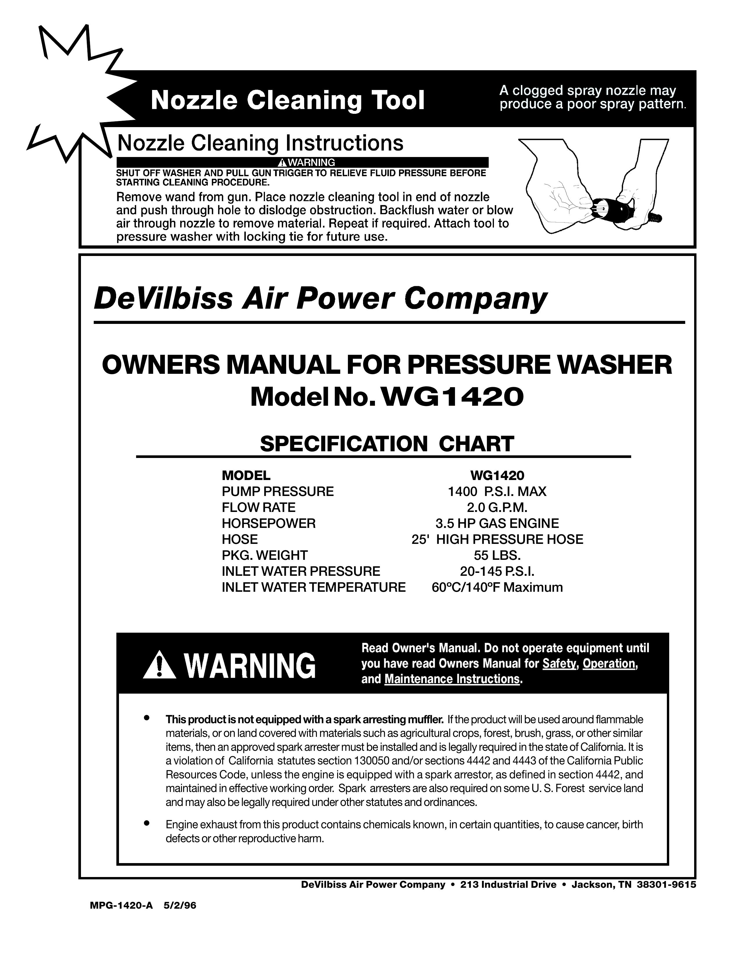 DeVillbiss Air Power Company WG1420 Pressure Washer User Manual