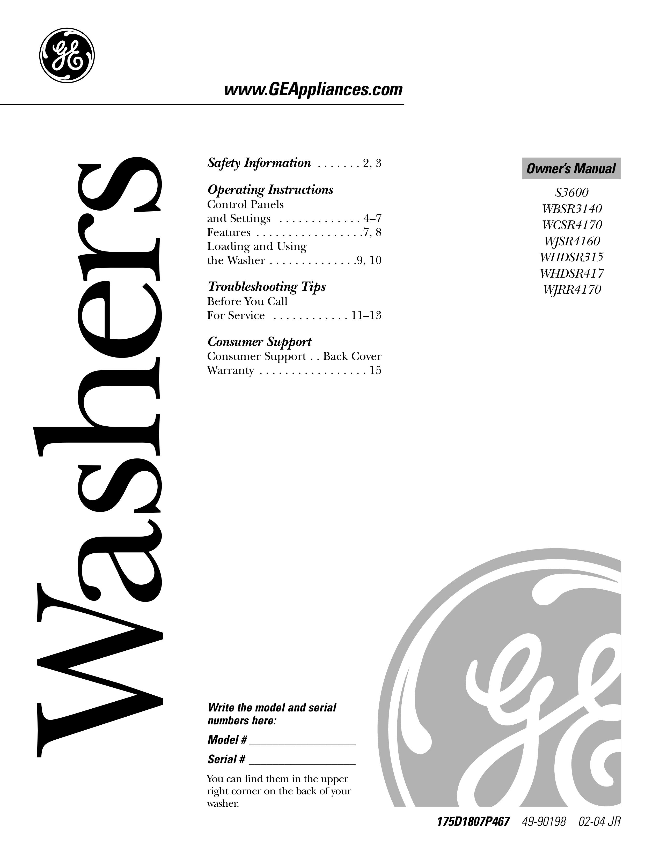 GE WCSR4170 Pressure Washer User Manual