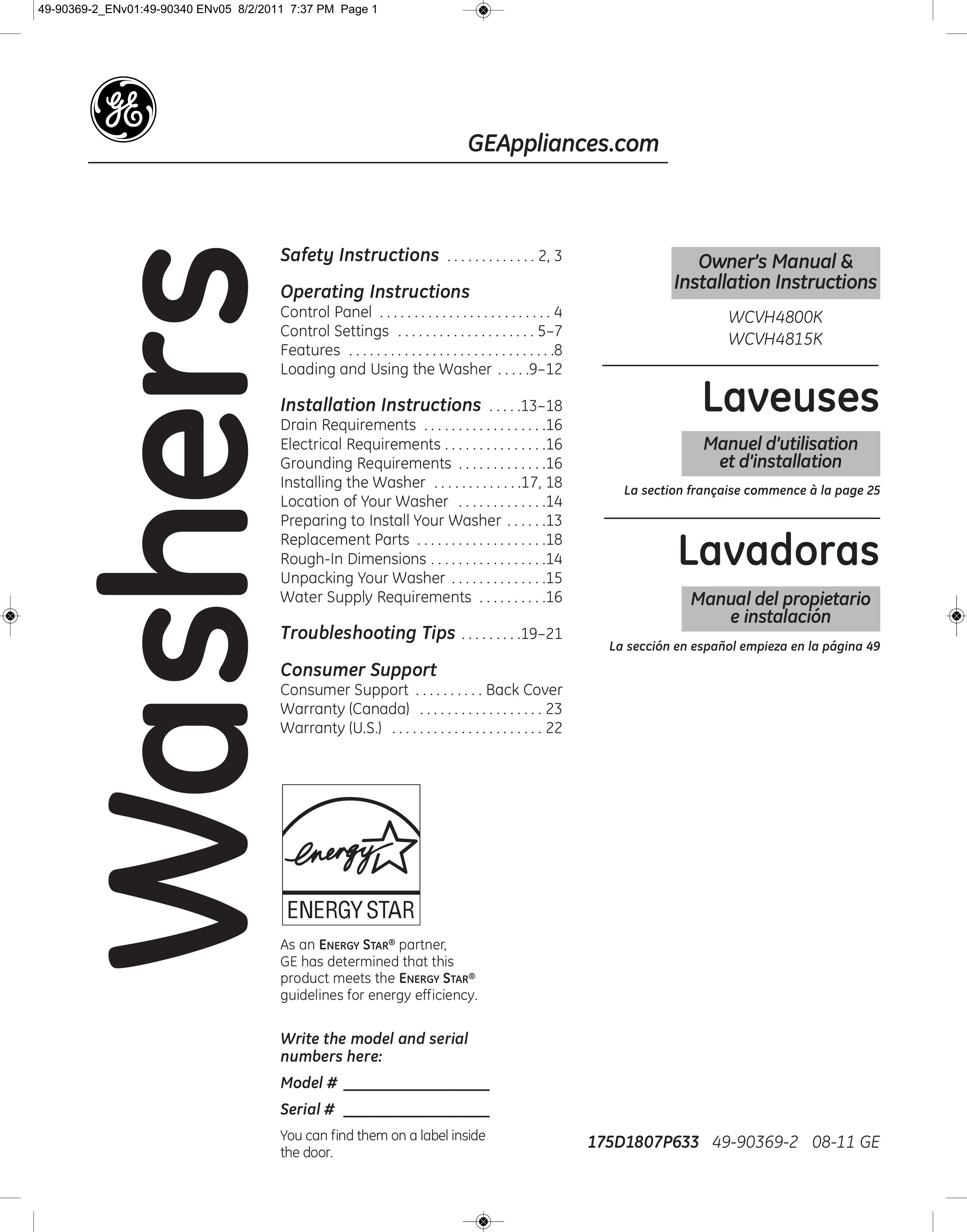 GE wcvh4800k Pressure Washer User Manual