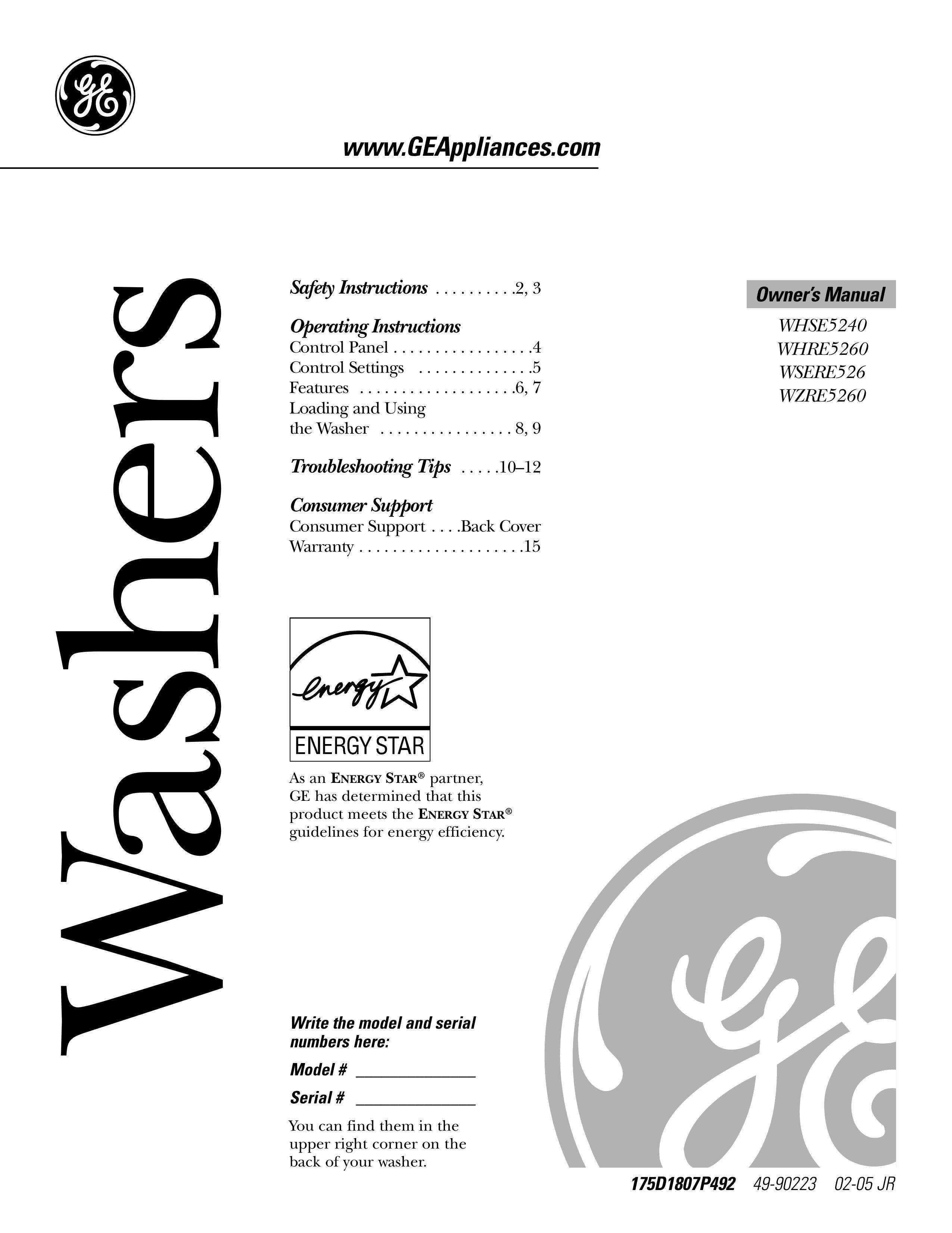 GE WHRE5260 Pressure Washer User Manual