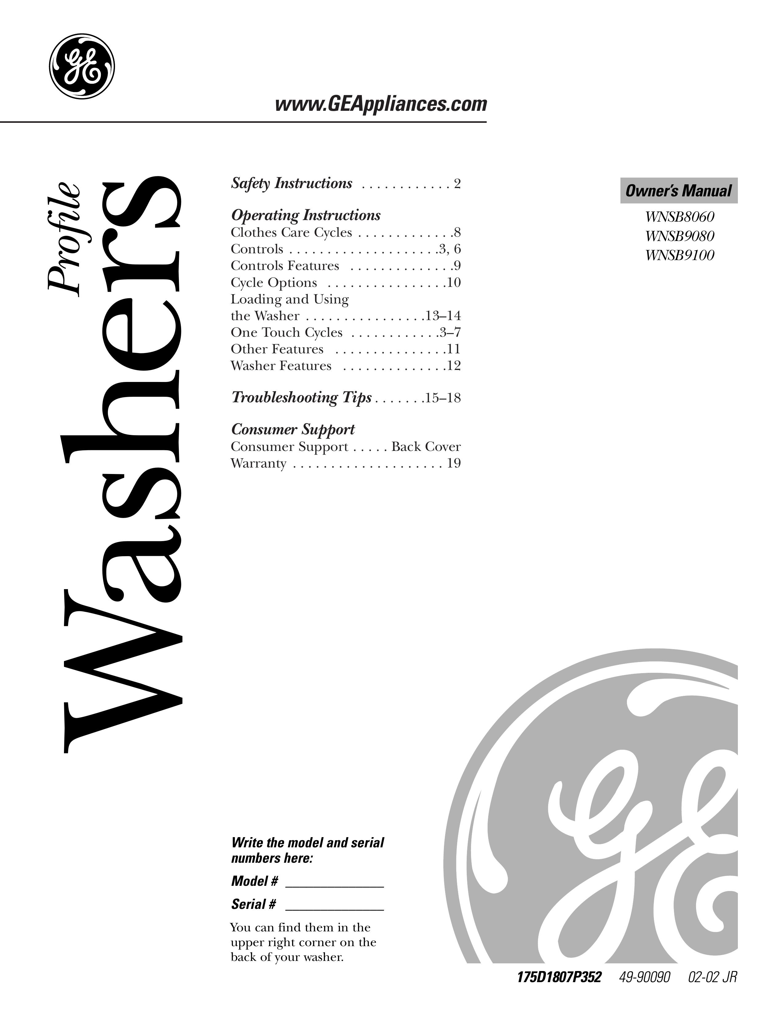 GE WNSB8060 Pressure Washer User Manual