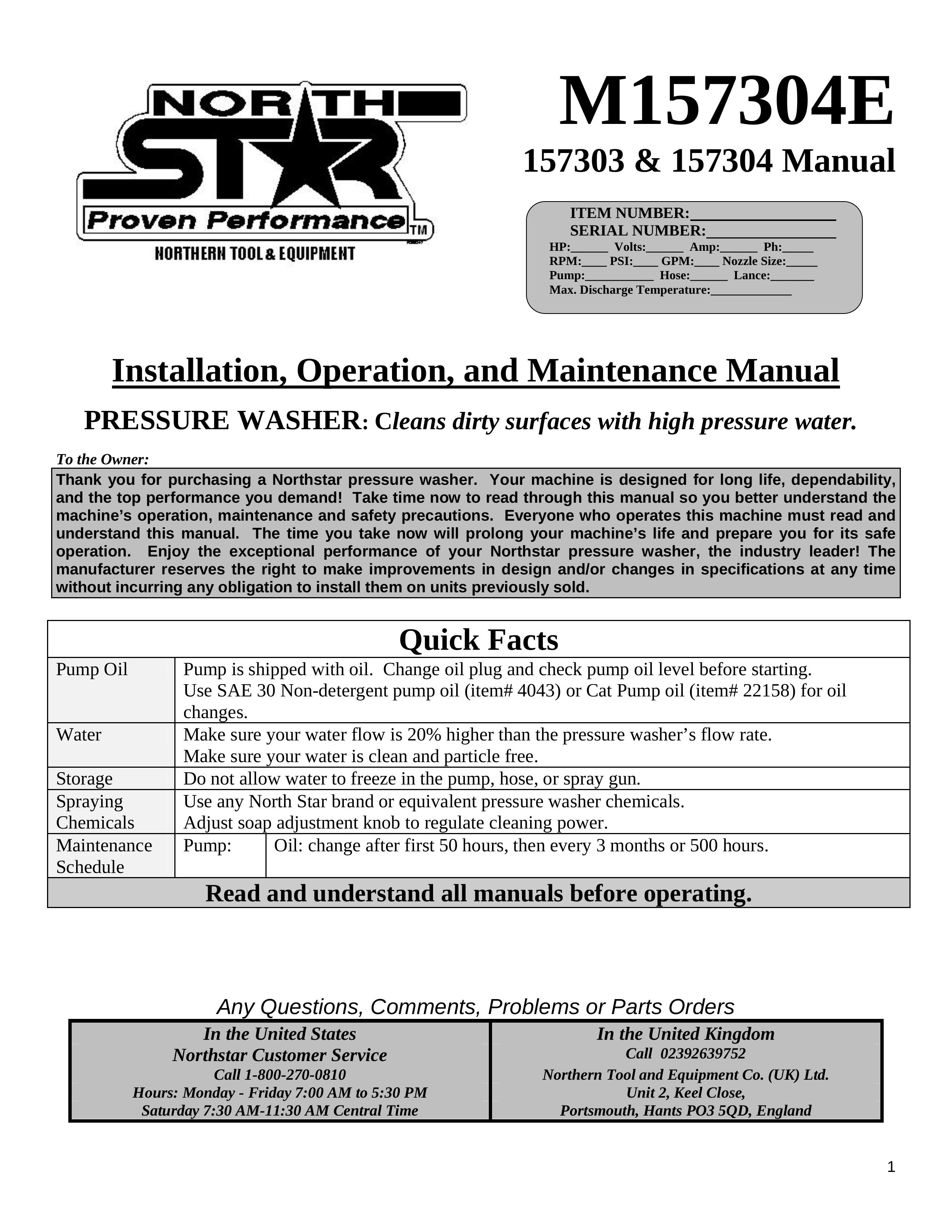 North Star M157304E Pressure Washer User Manual