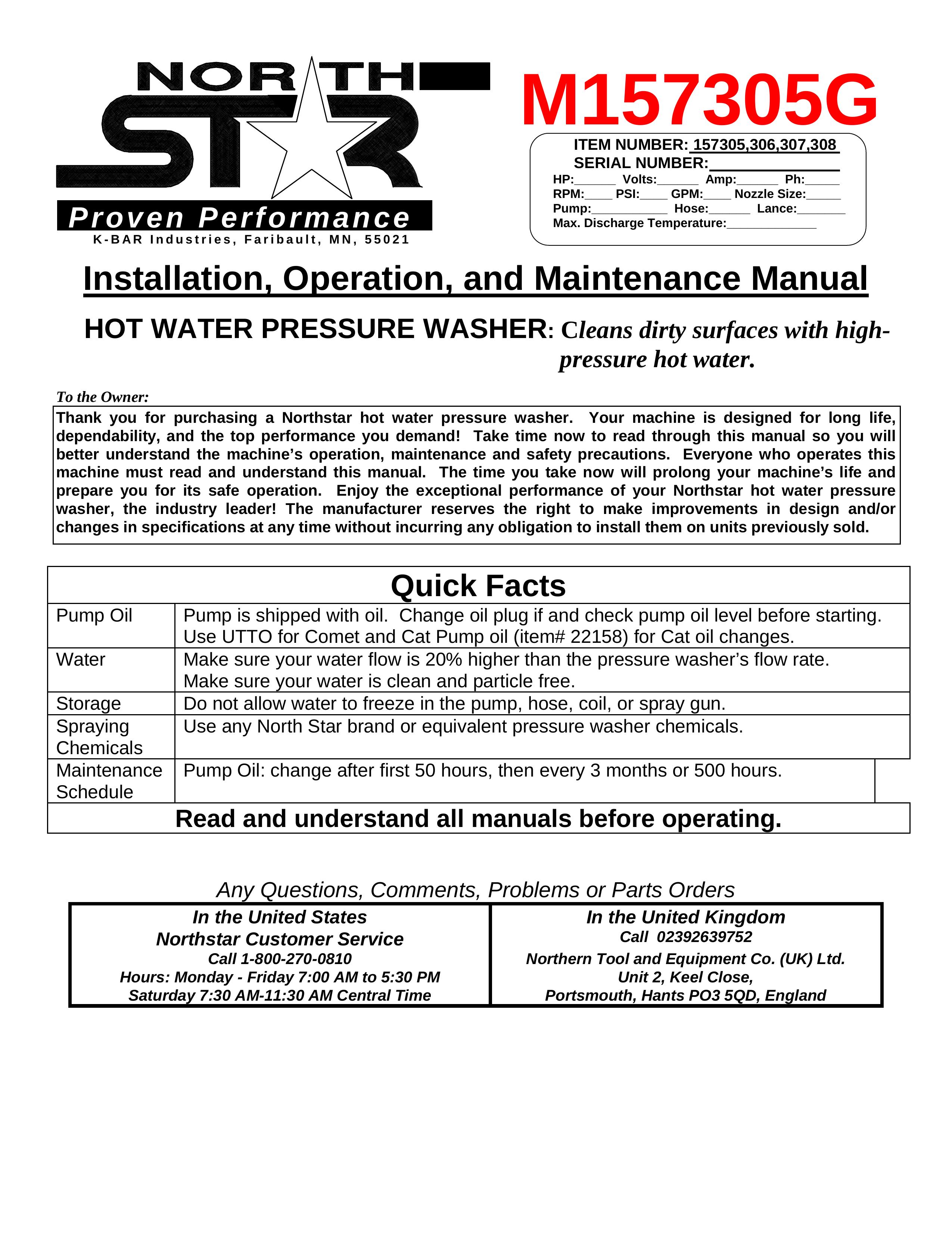 North Star M157305G Pressure Washer User Manual
