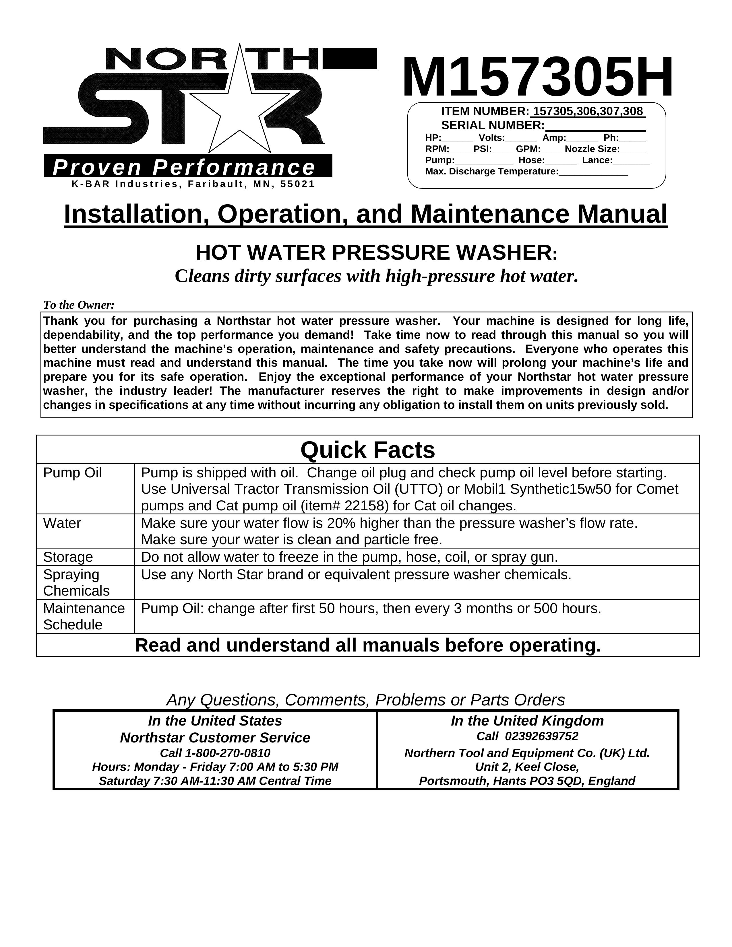 North Star M157305H Pressure Washer User Manual