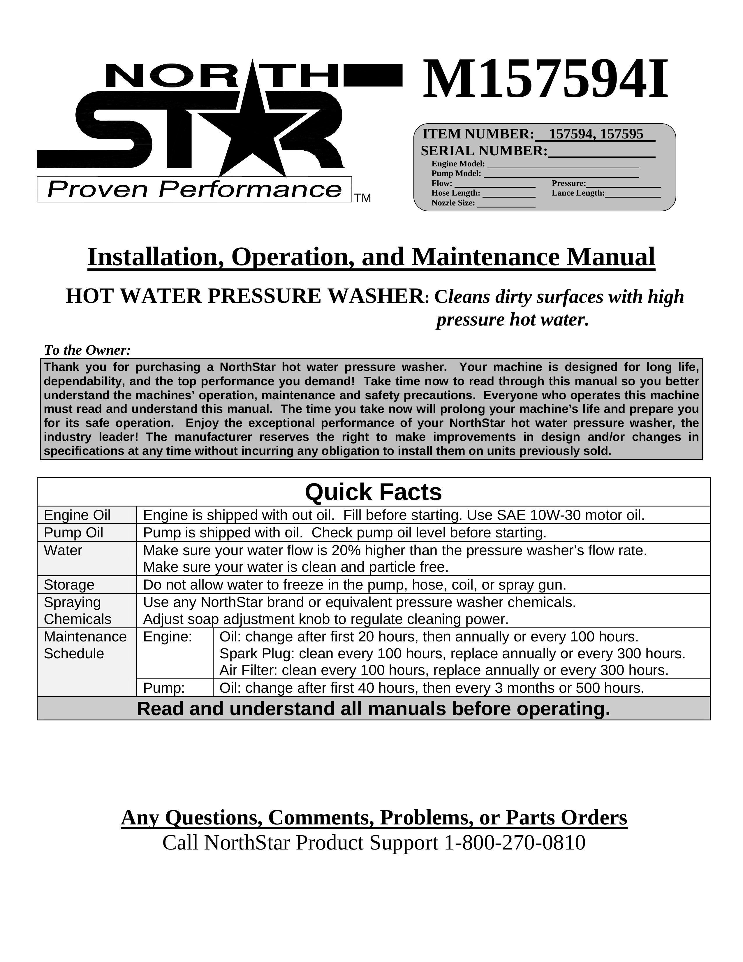 North Star M157594I Pressure Washer User Manual