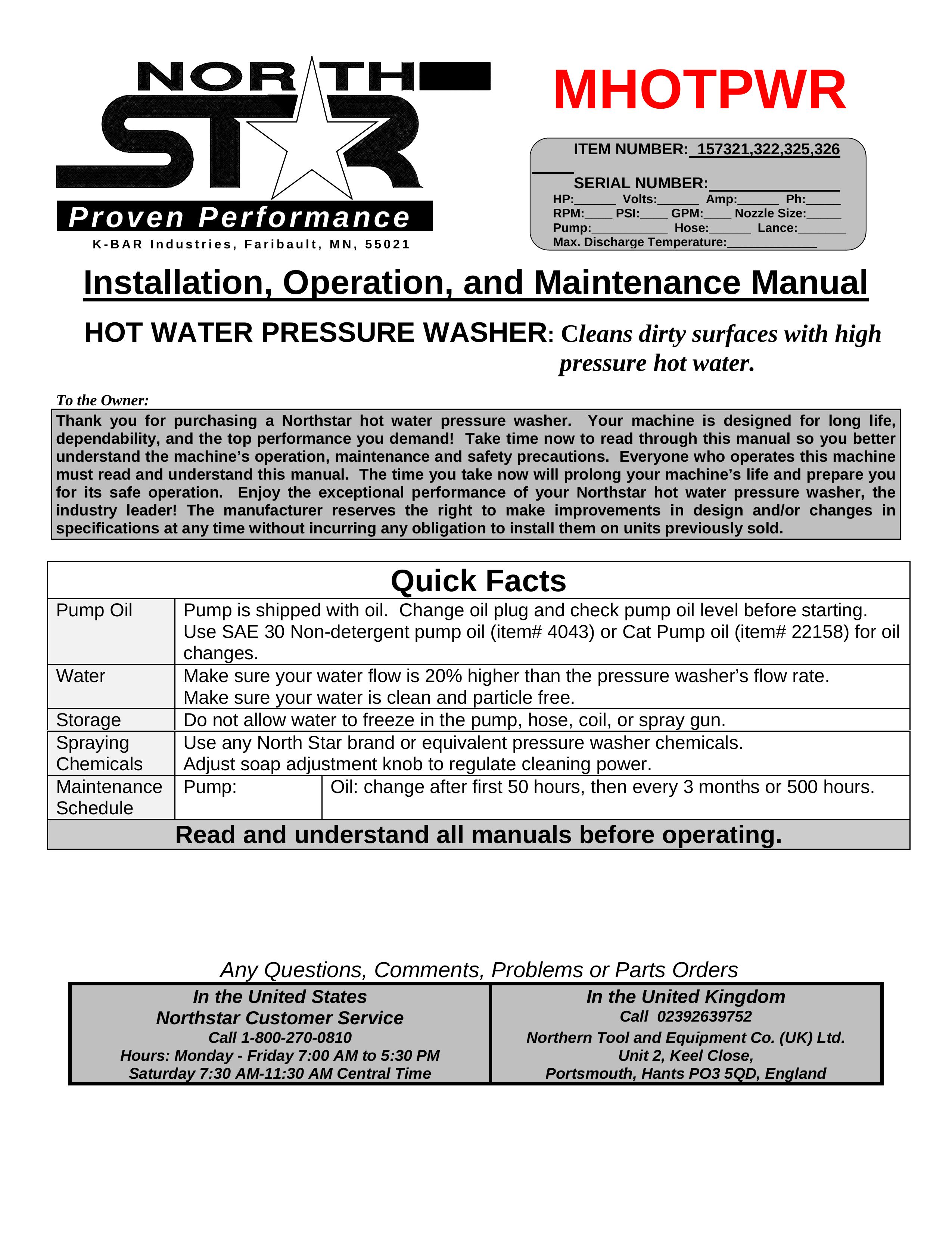 North Star MHOTPWR Pressure Washer User Manual