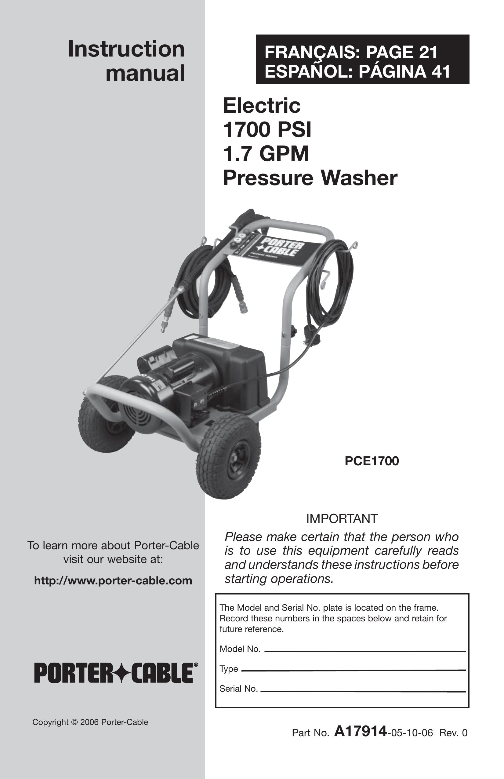 Porter-Cable A17914-05-10-06 Pressure Washer User Manual