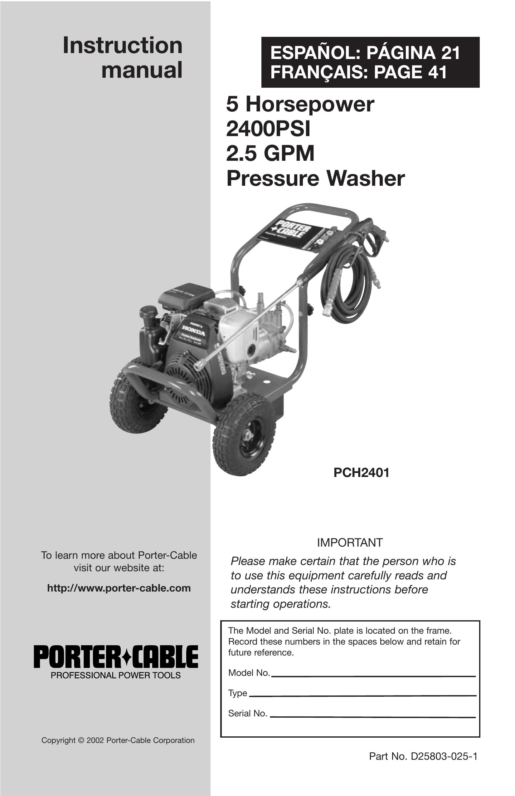 Porter-Cable D25803-025-1 Pressure Washer User Manual