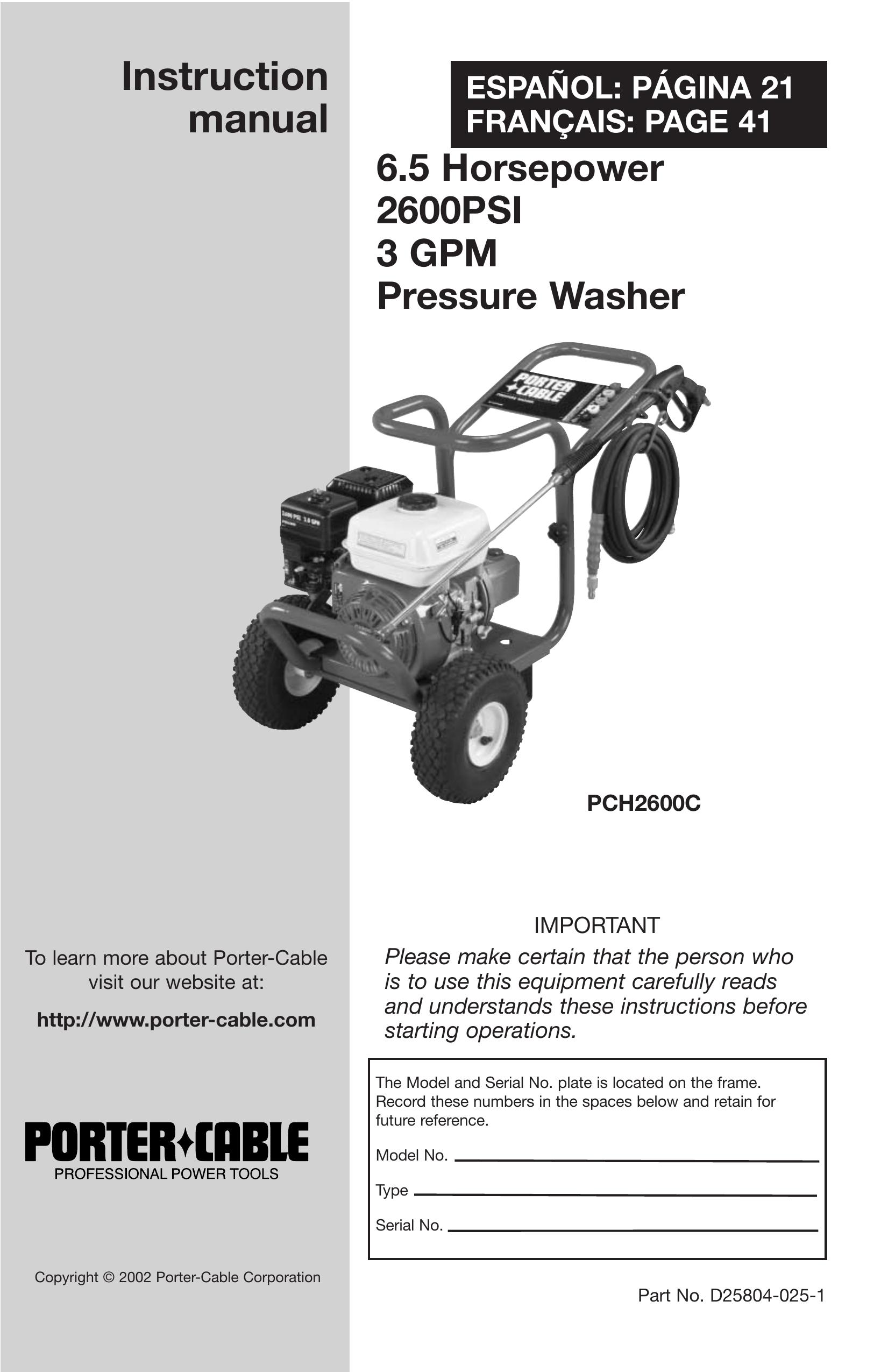 Porter-Cable PCH2600C Pressure Washer User Manual