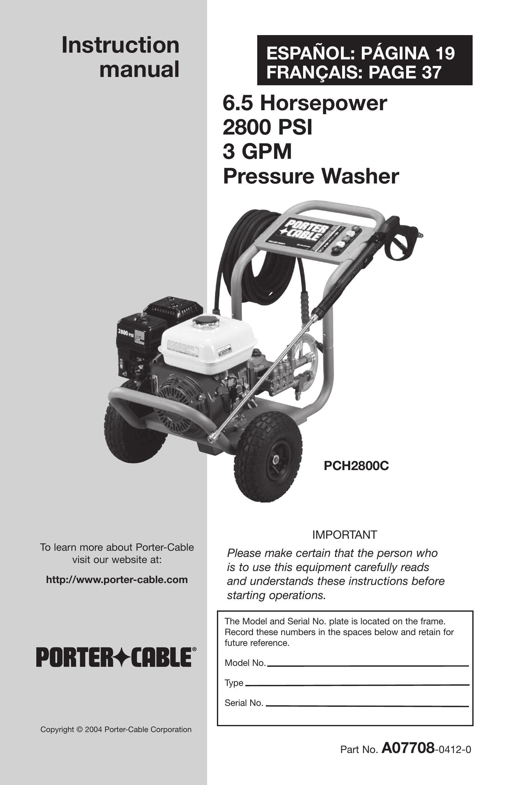 Porter-Cable PCH2800C Pressure Washer User Manual