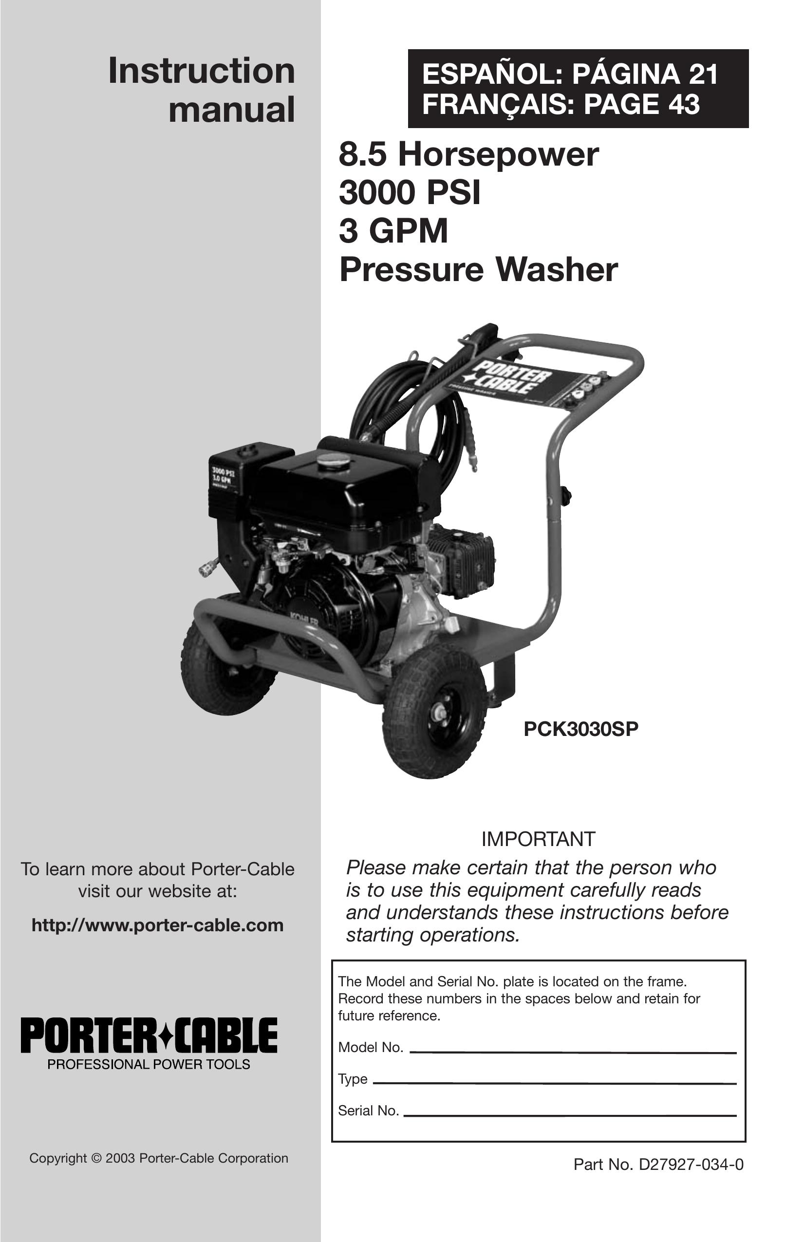 Porter-Cable PCK3030SP Pressure Washer User Manual
