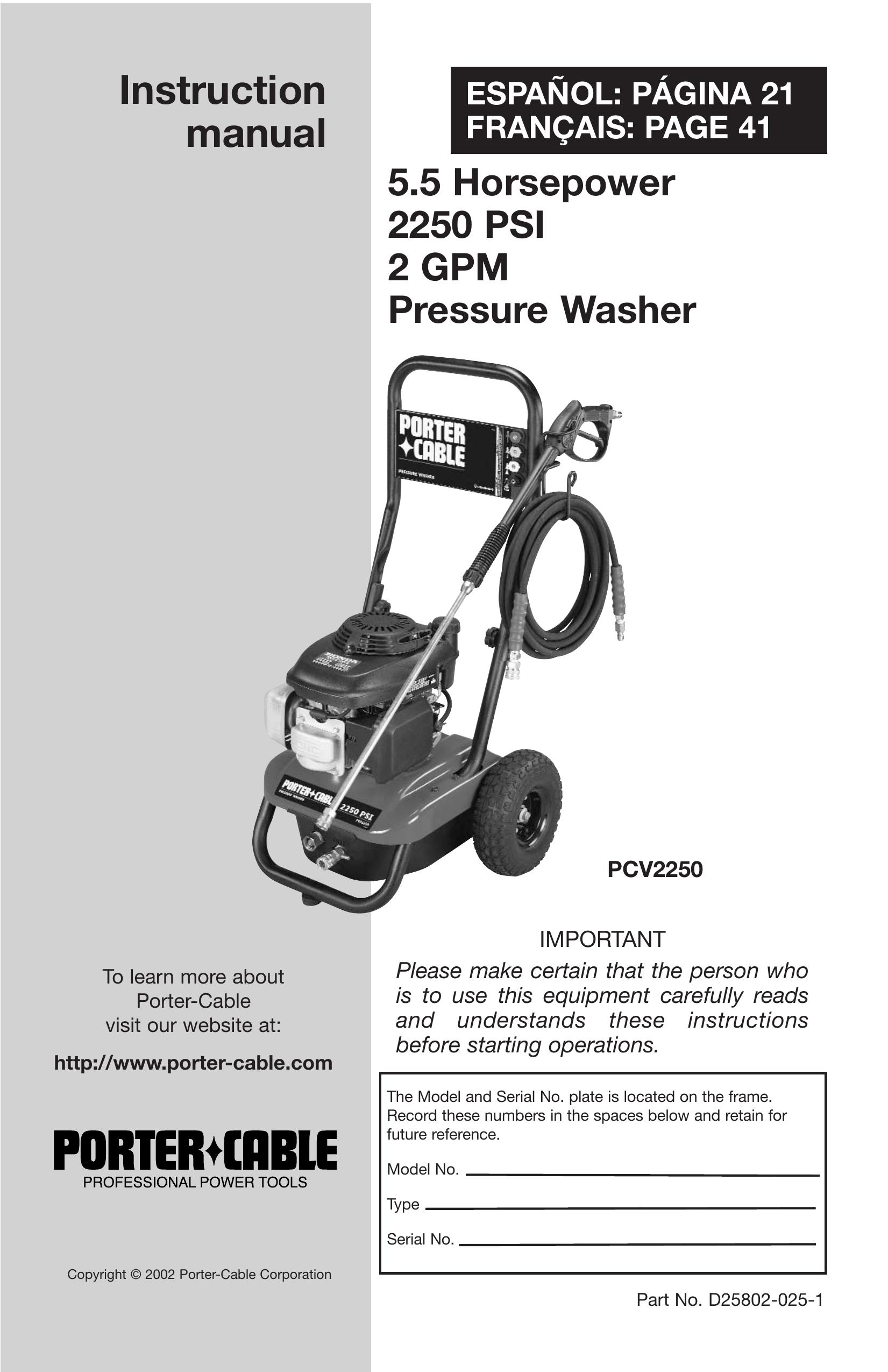 Porter-Cable PCV2250 Pressure Washer User Manual