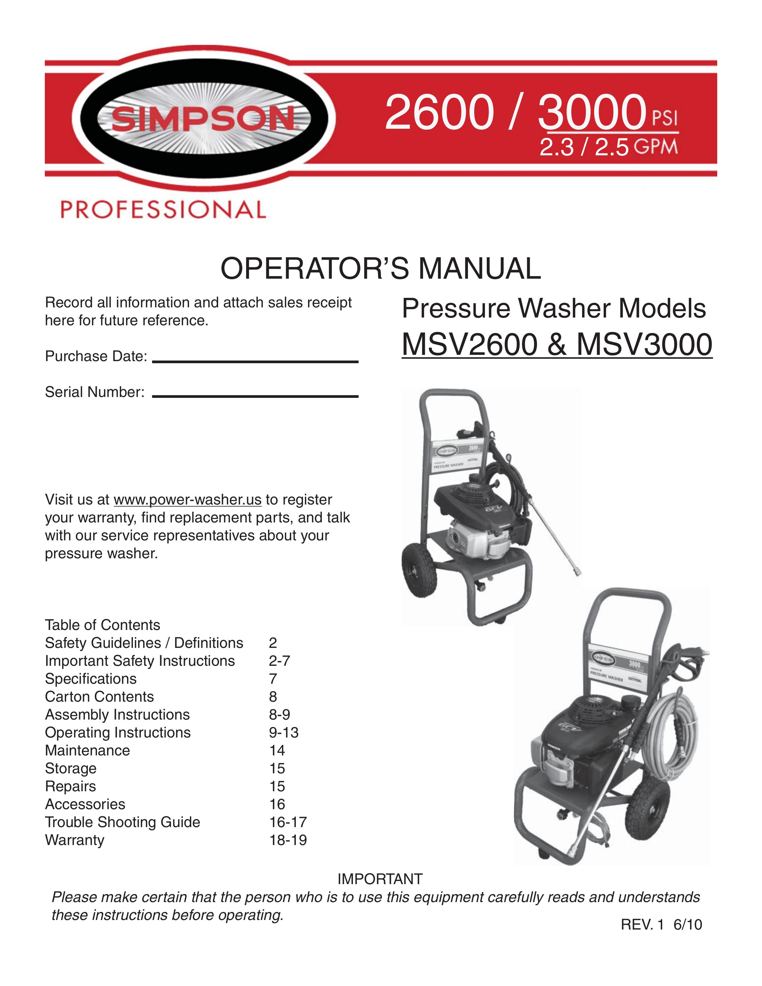 Simpson MSV2600 Pressure Washer User Manual