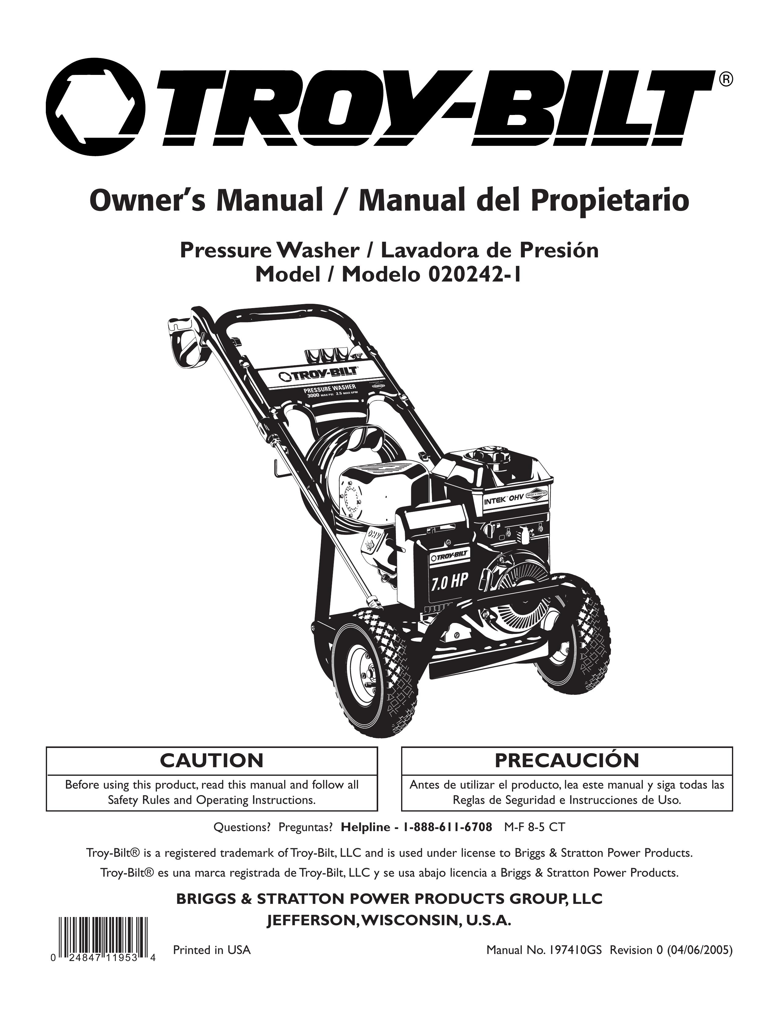 Troy-Bilt 020242-1 Pressure Washer User Manual