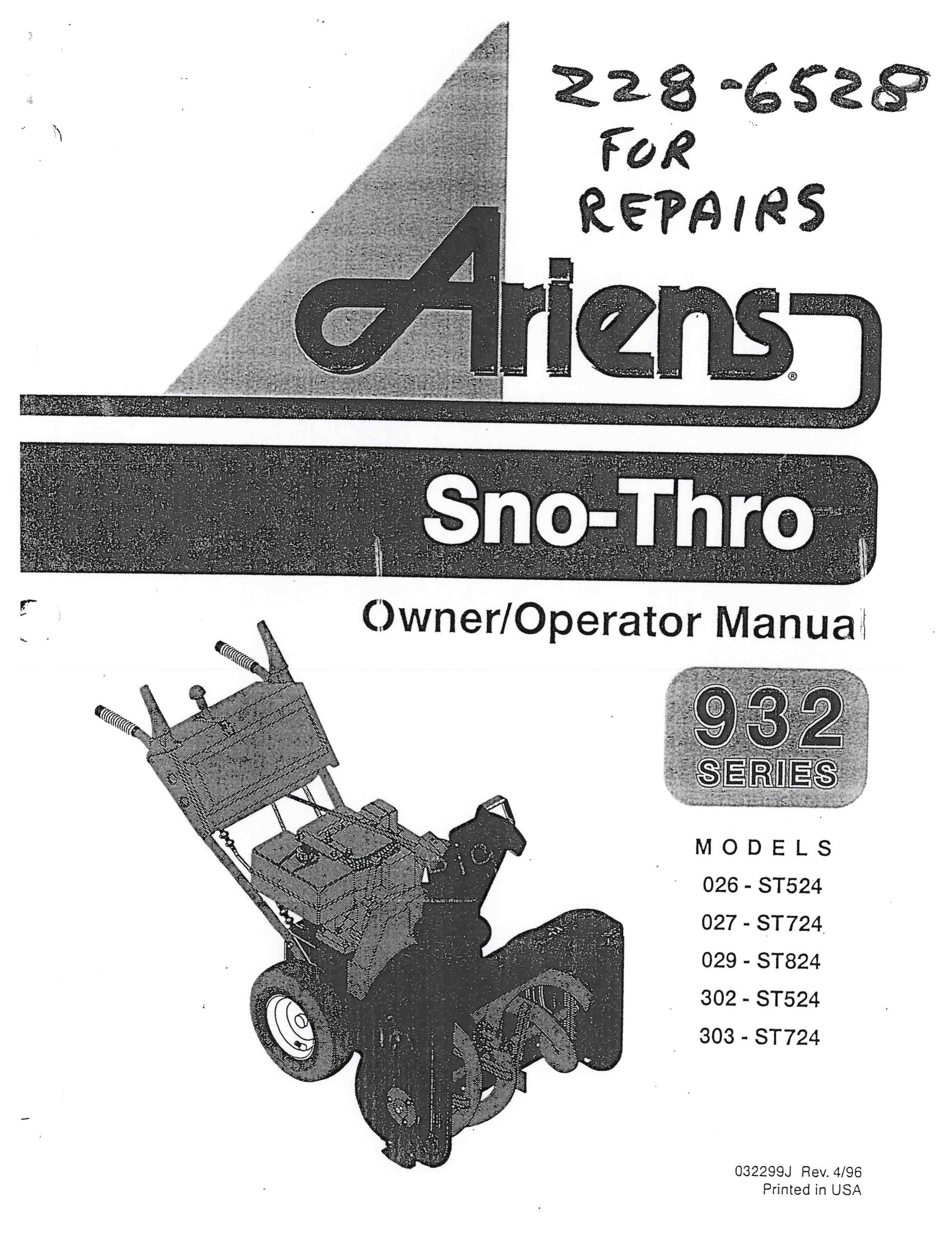 Ariens 029-ST824 Snow Blower User Manual