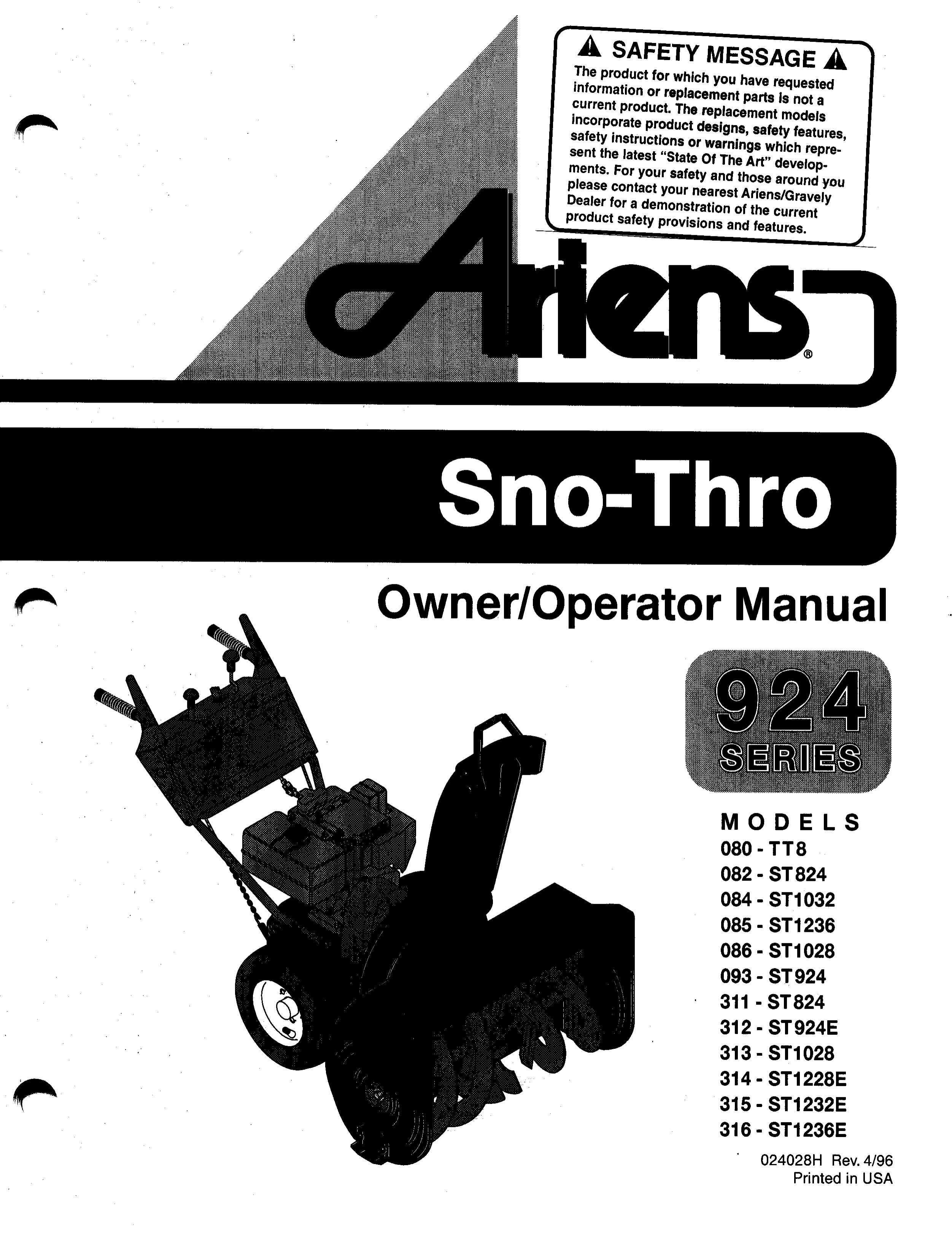 Ariens 313-ST1028 Snow Blower User Manual