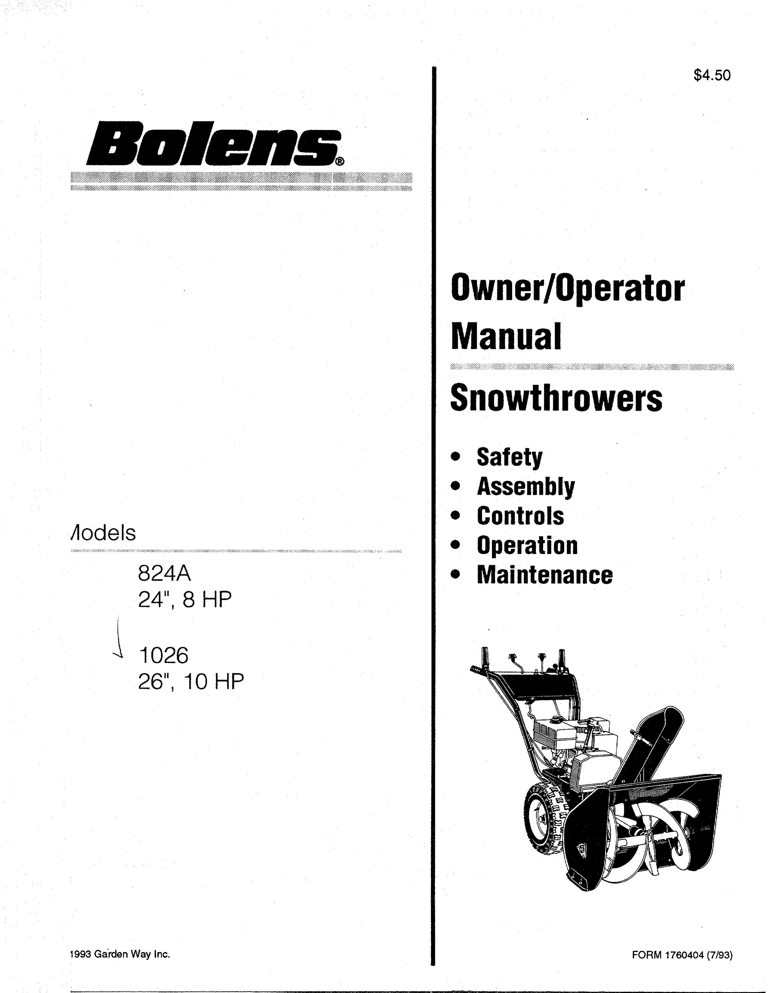 Bolens 1026 Snow Blower User Manual