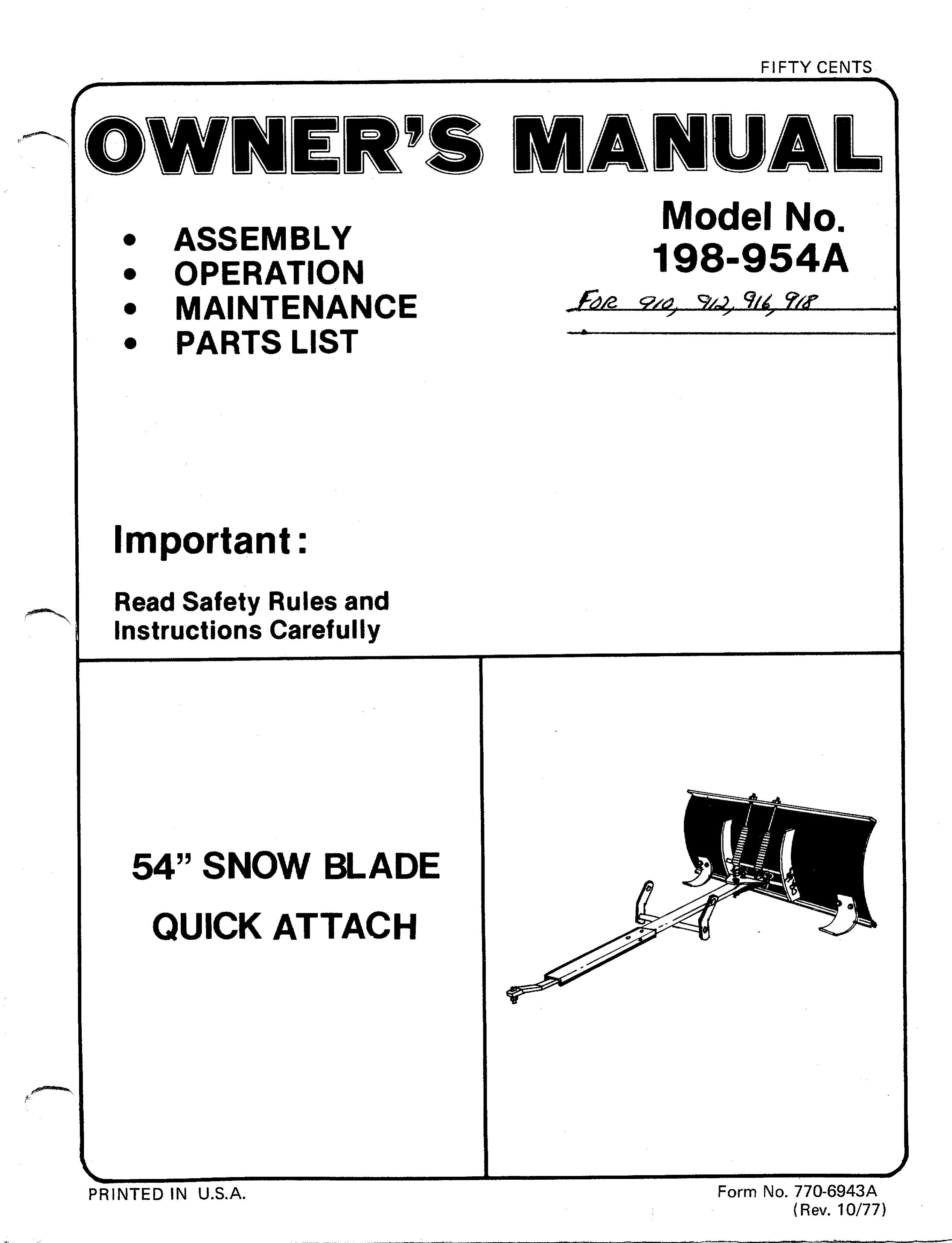Bolens 198-954A Snow Blower User Manual