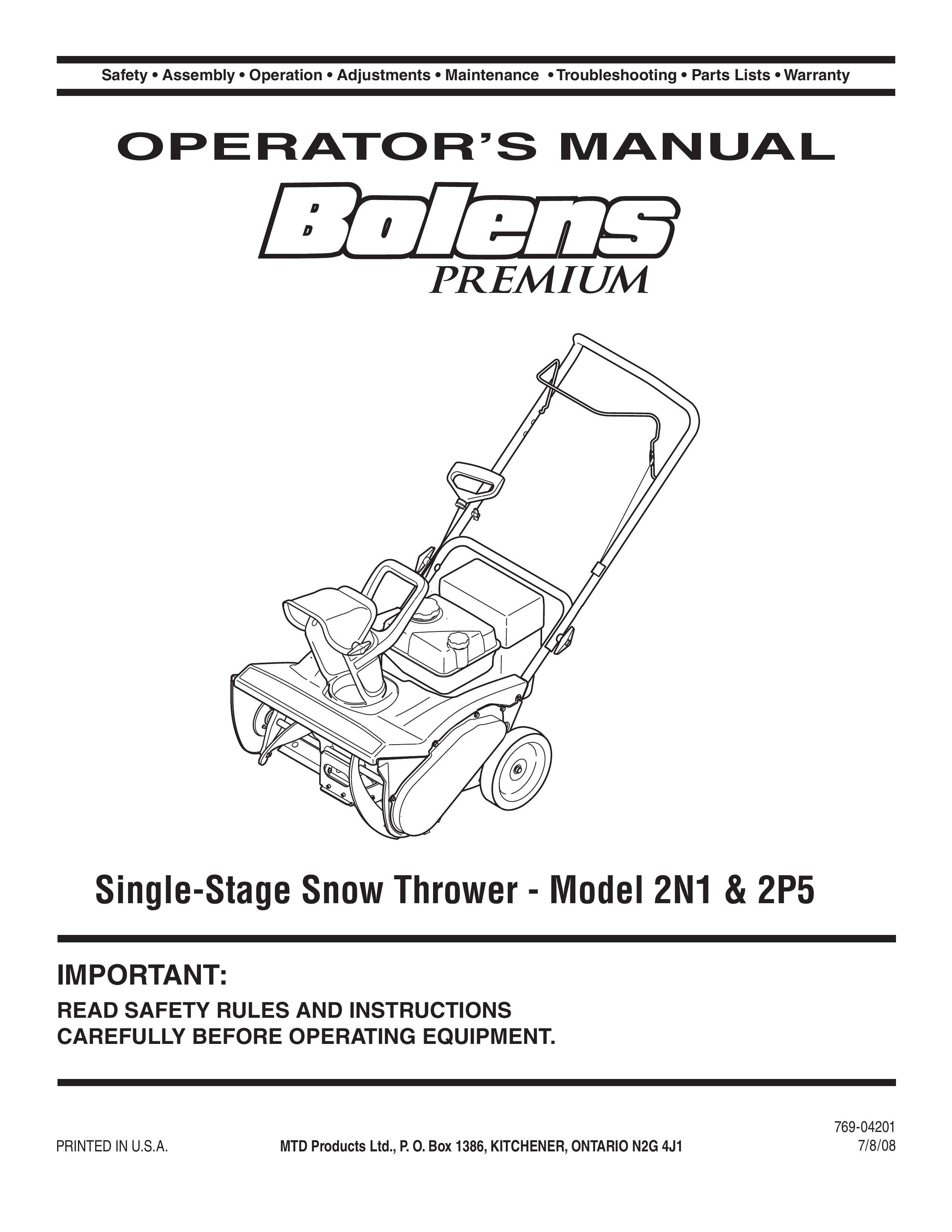 Bolens 2P5 Snow Blower User Manual