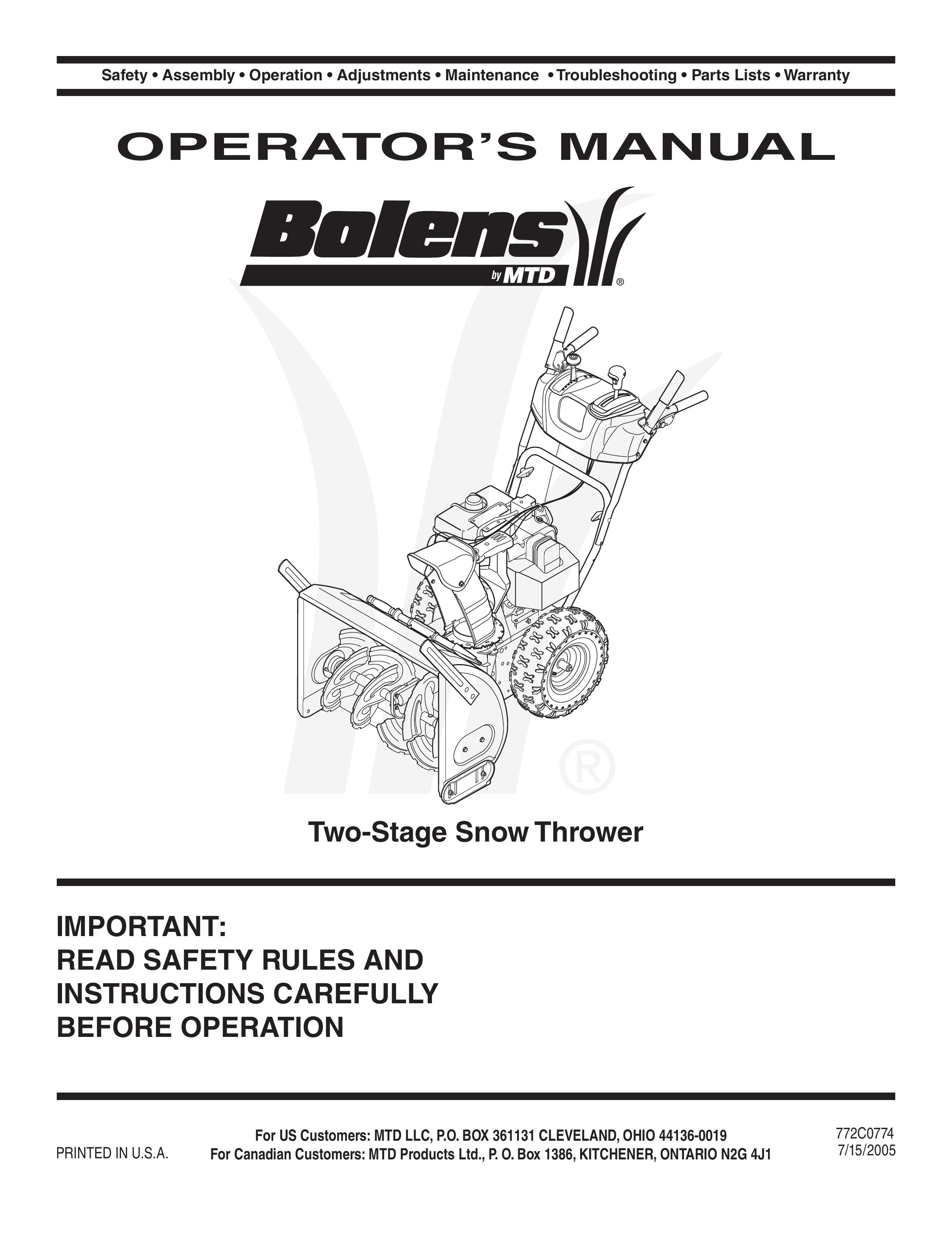 Bolens MTD Snow Blower User Manual