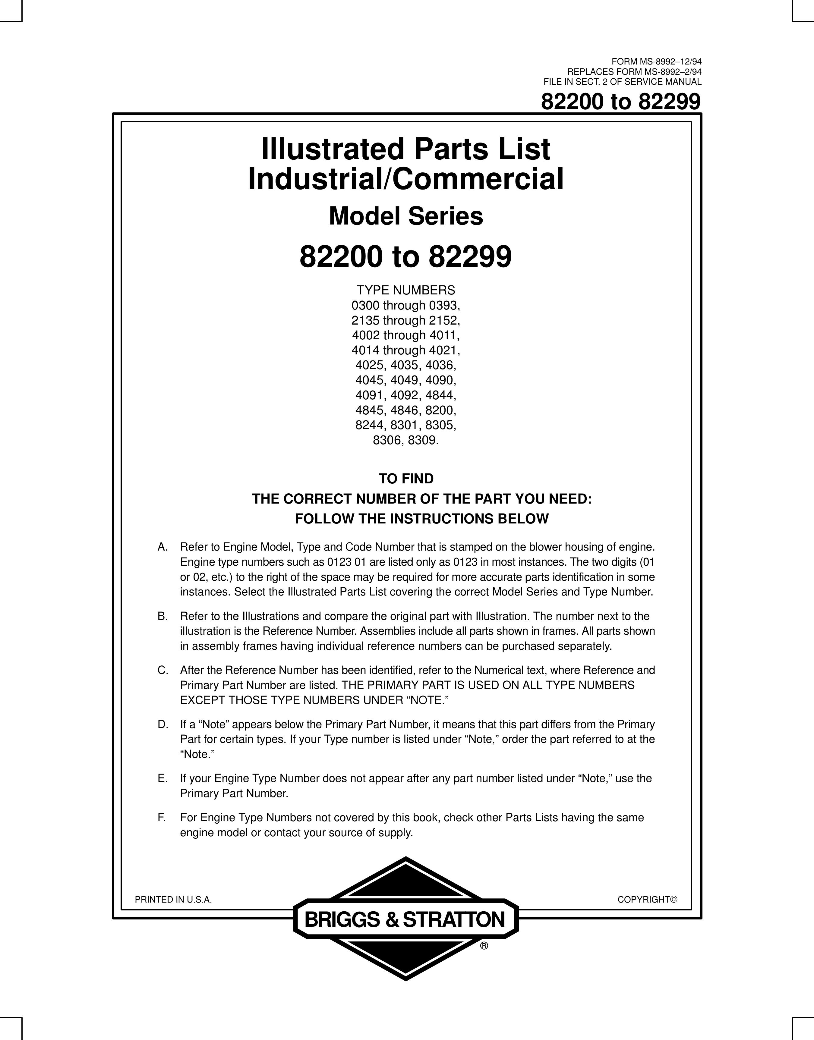 Briggs & Stratton Series 82200 to 82299 Snow Blower User Manual