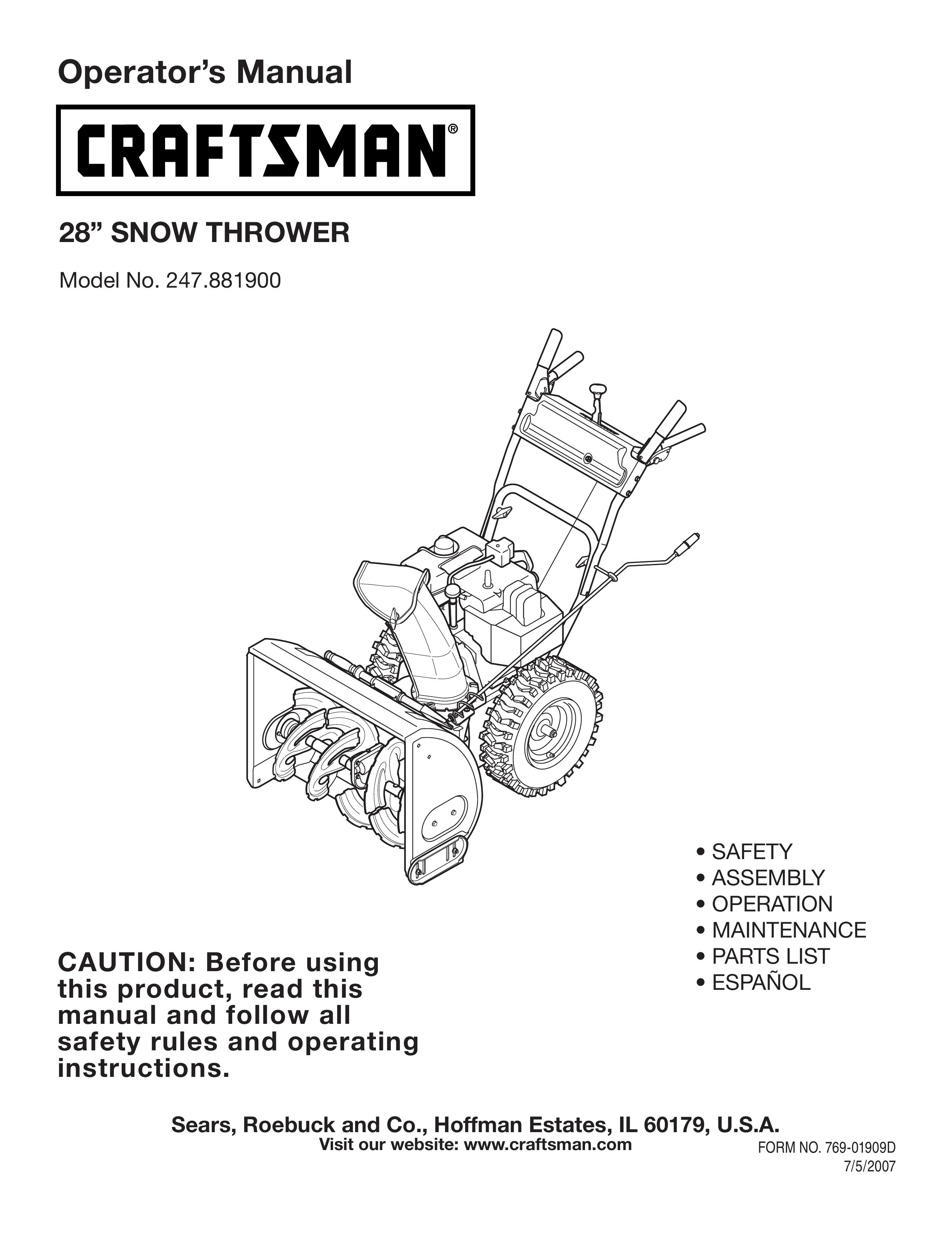 Craftsman 247.8819 Snow Blower User Manual