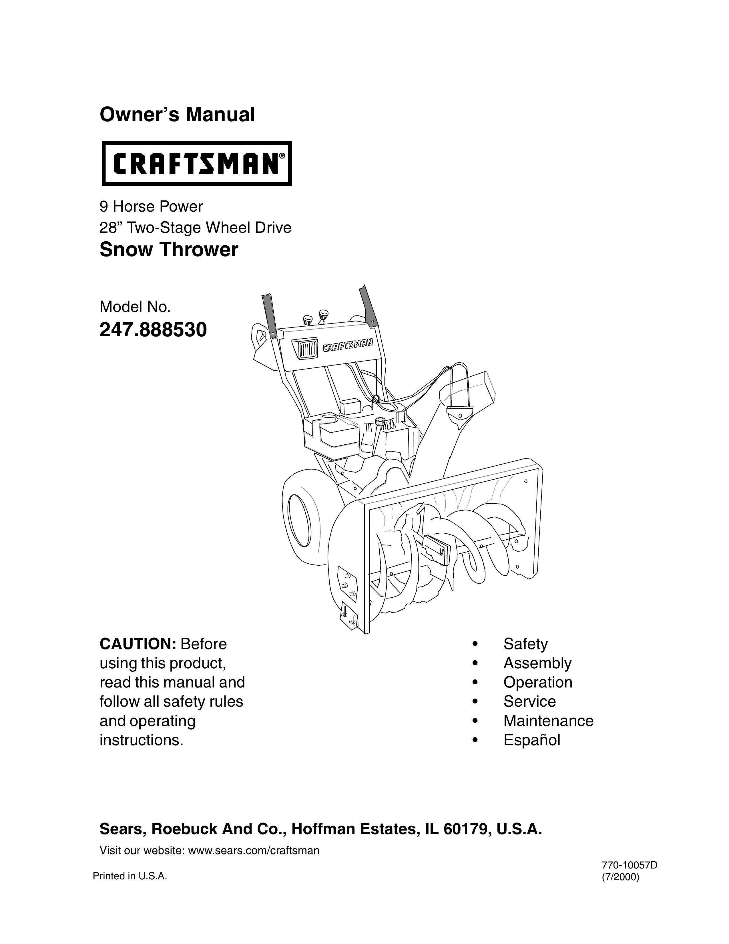 Craftsman 247.88853 Snow Blower User Manual