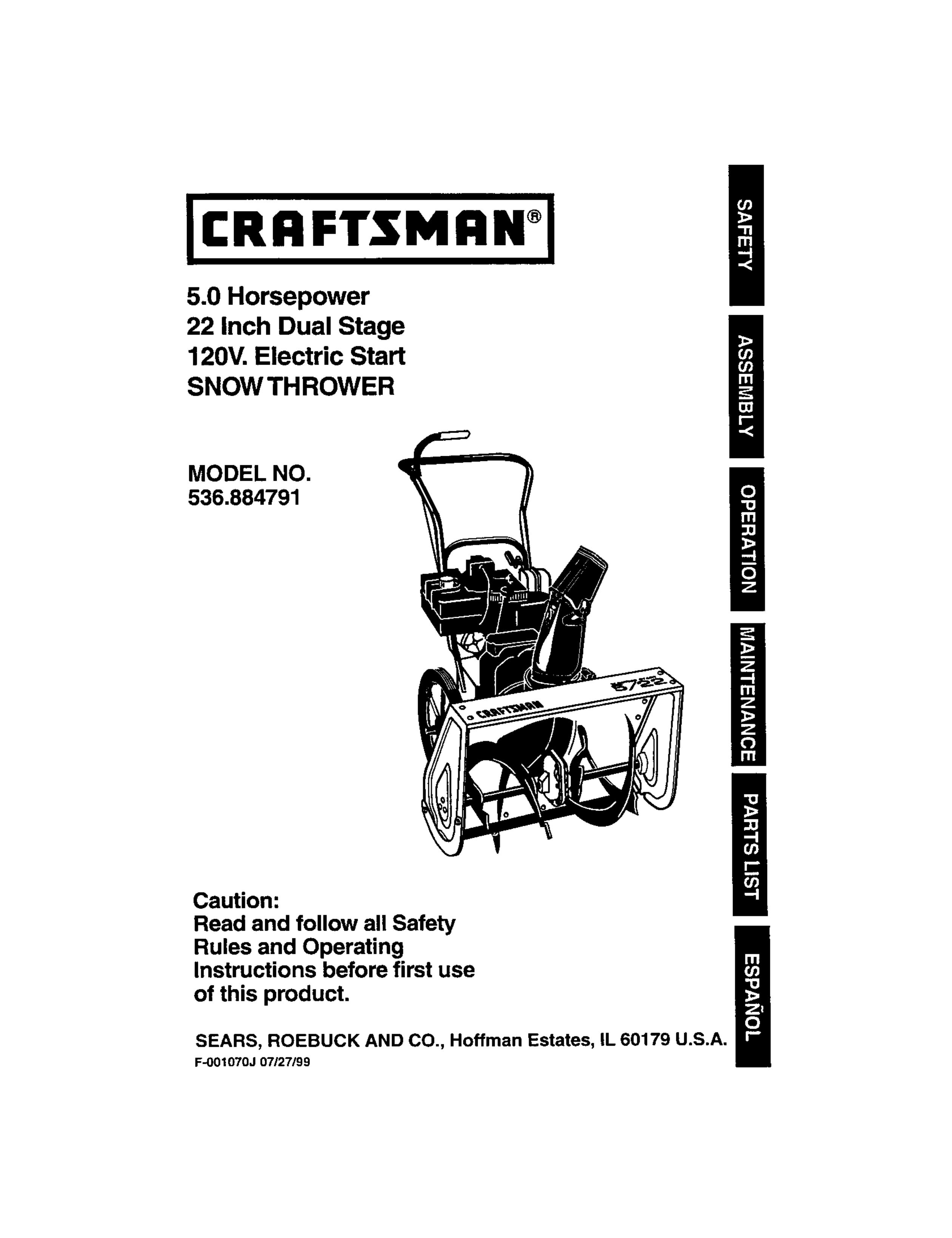 Craftsman 536,884,791 Snow Blower User Manual