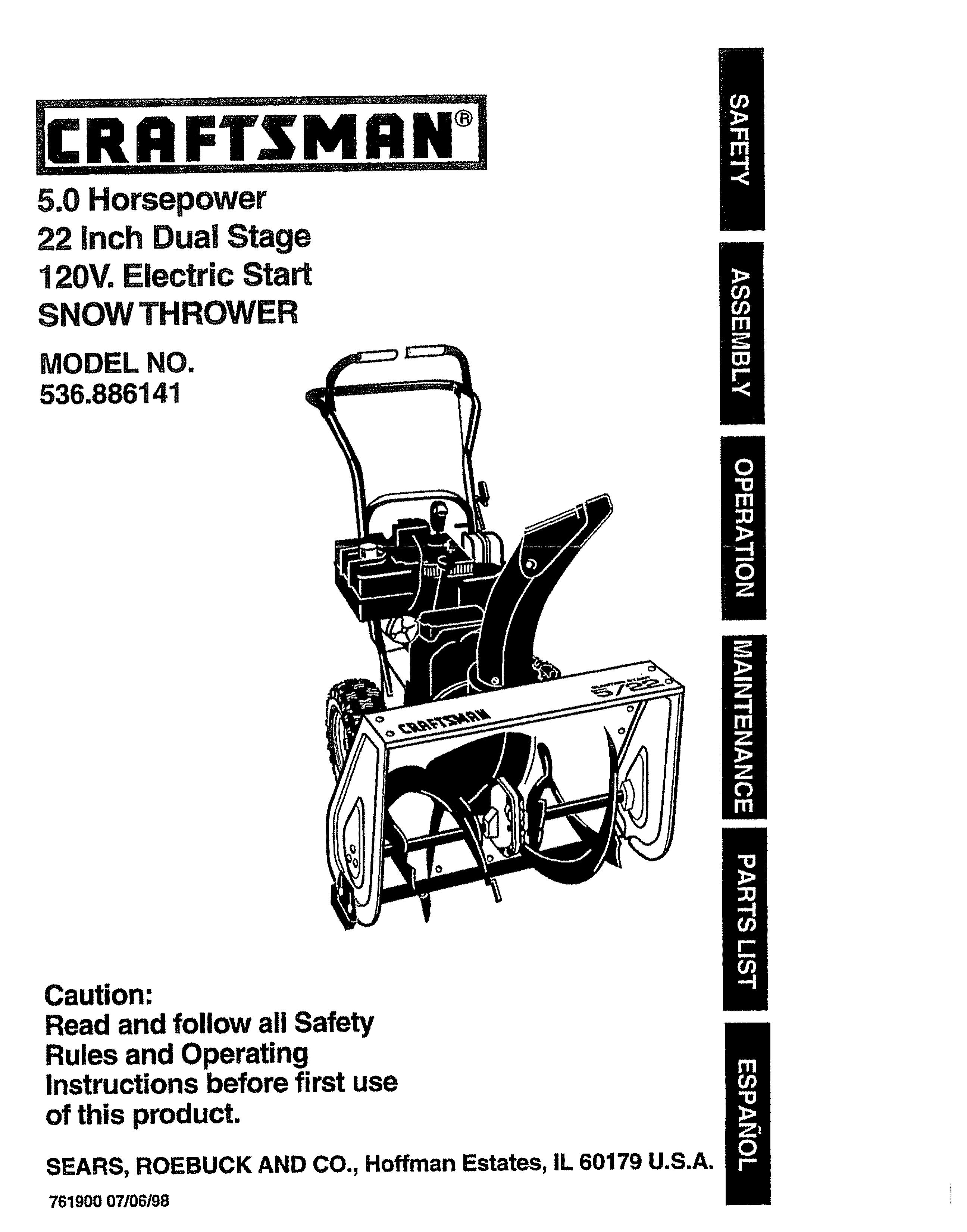 Craftsman 536.886141 Snow Blower User Manual