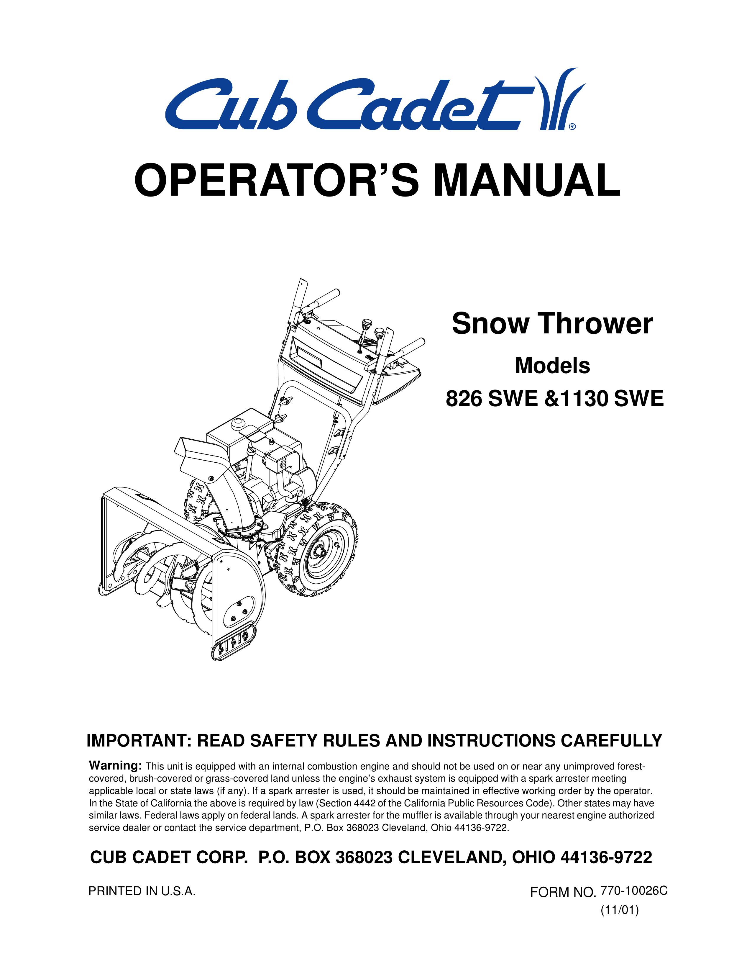 Cub Cadet 1130 SWE Snow Blower User Manual