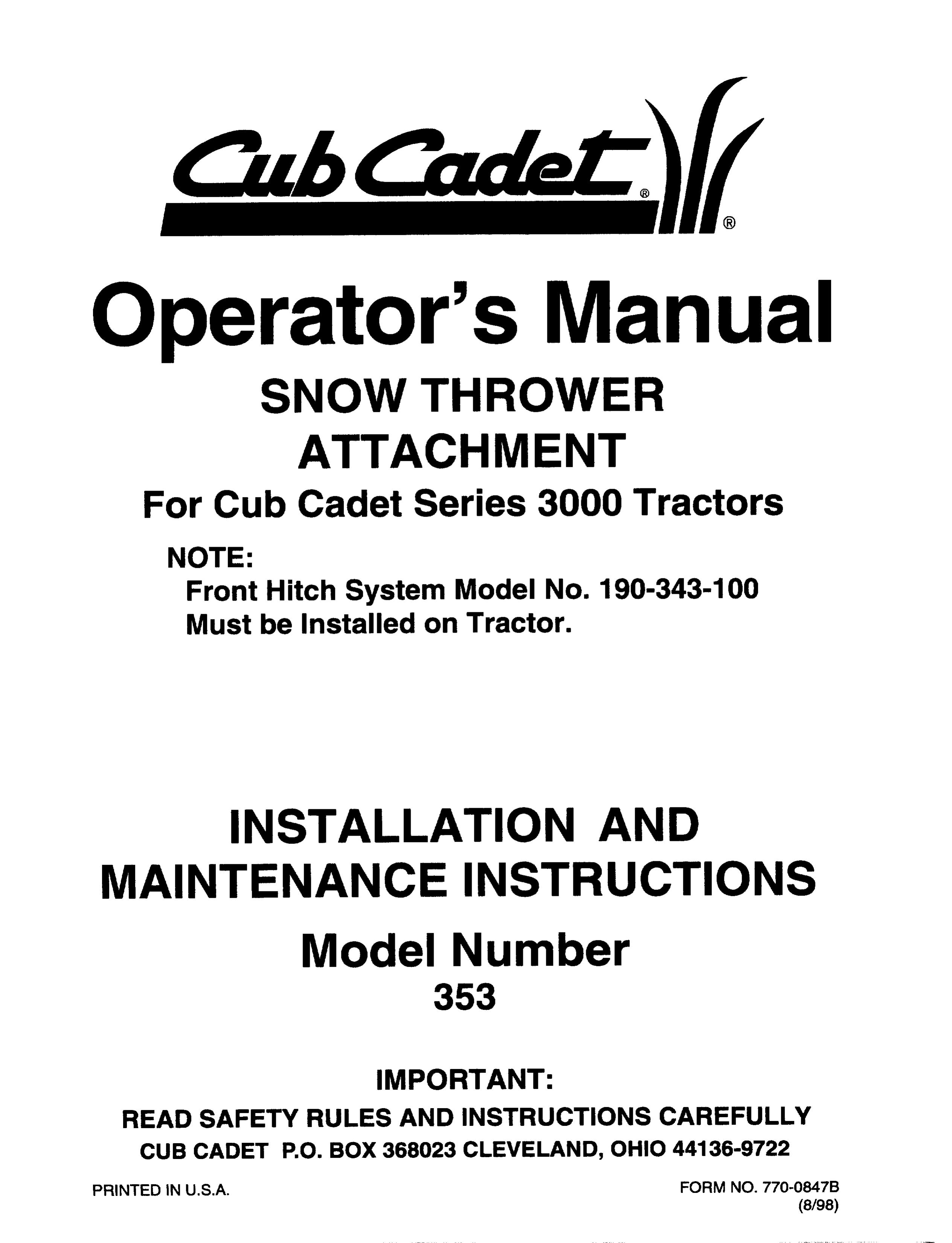 Cub Cadet 353 Snow Blower User Manual