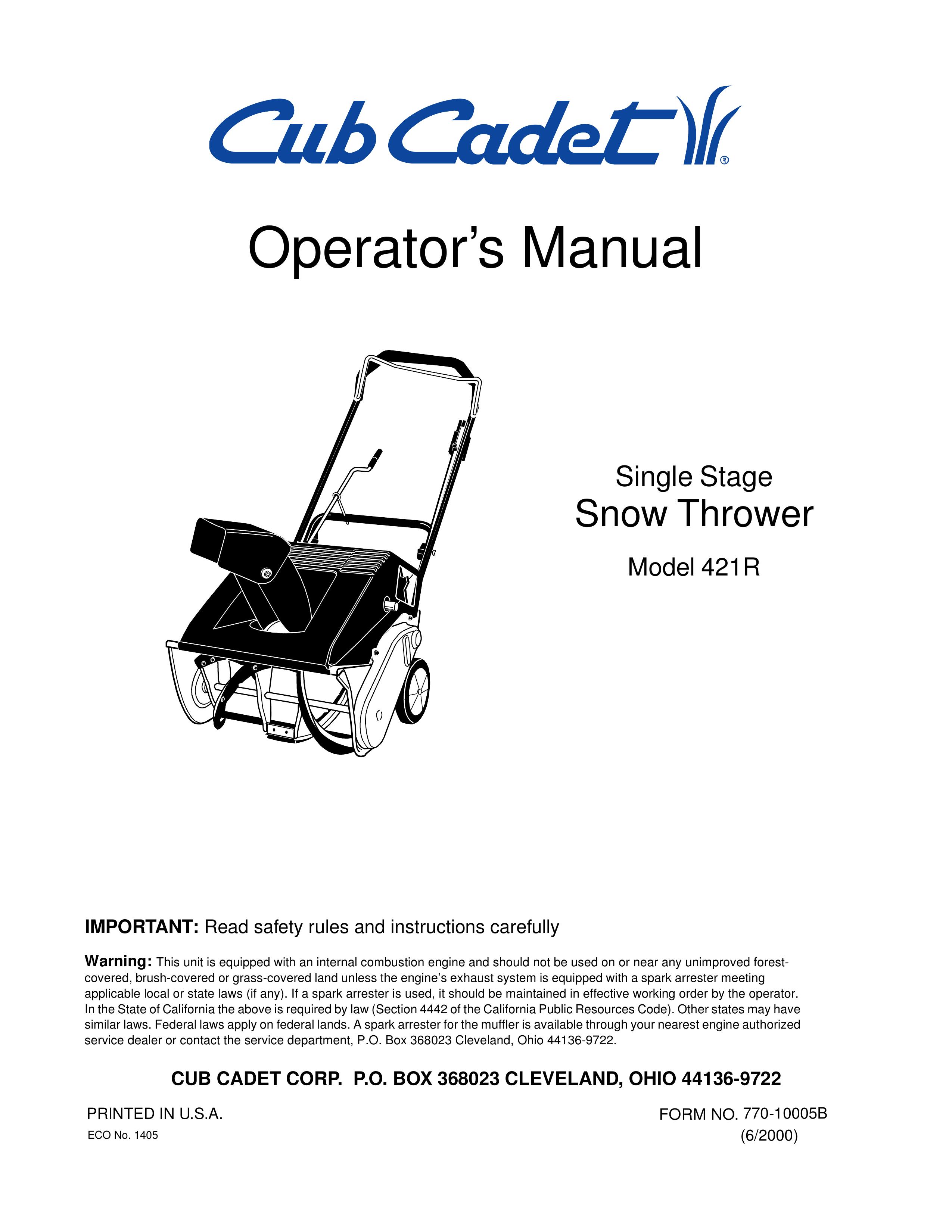 Cub Cadet 421R Snow Blower User Manual