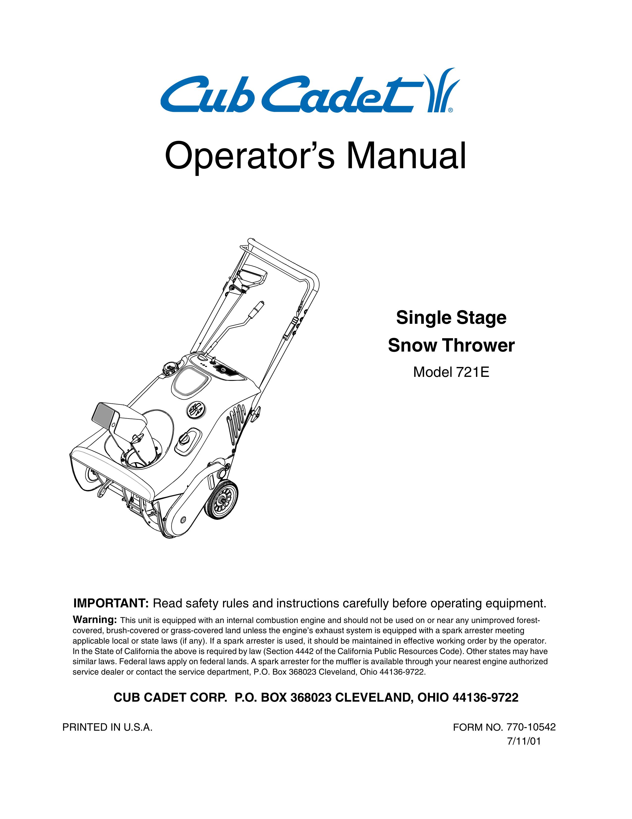 Cub Cadet 721E Snow Blower User Manual