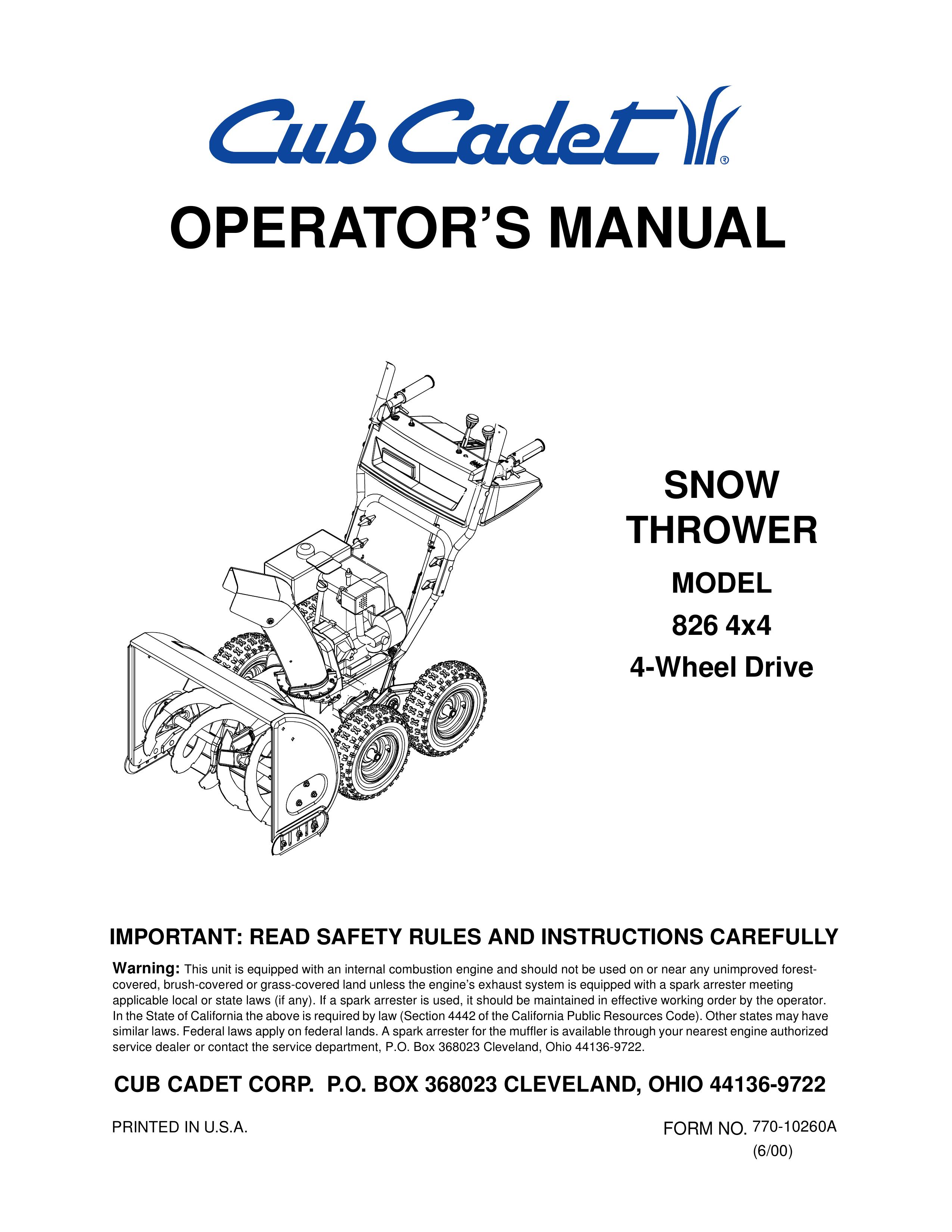 Cub Cadet 826 4x4 Snow Blower User Manual