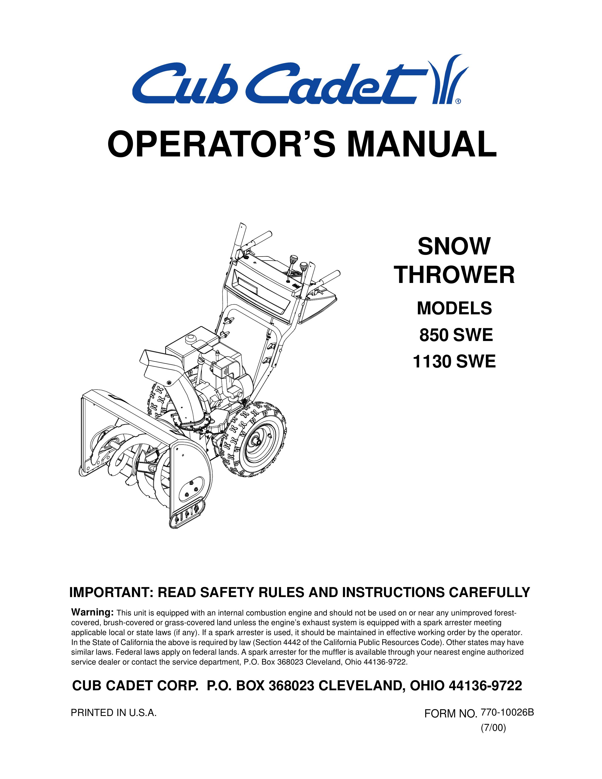 Cub Cadet 850 SWE Snow Blower User Manual