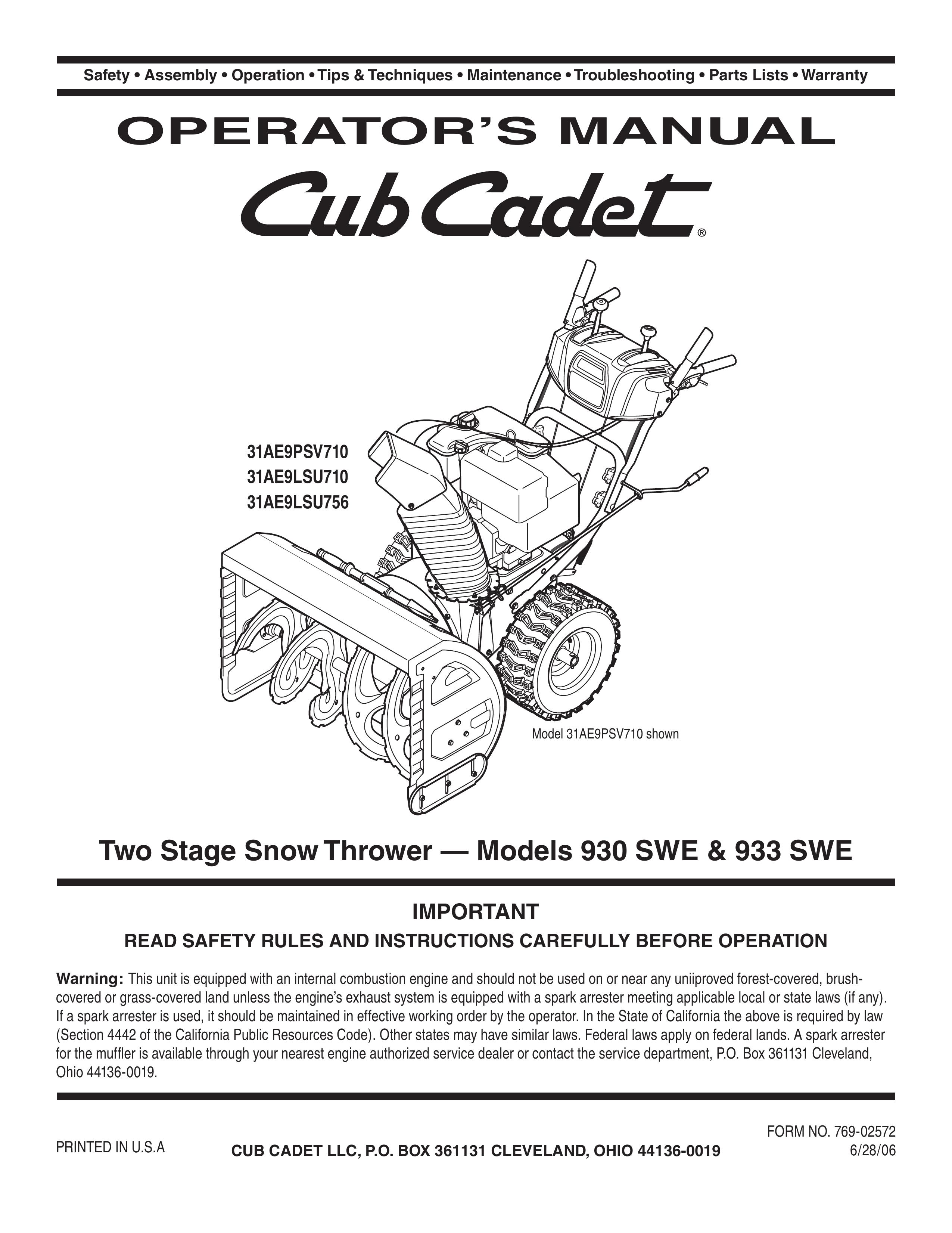 Cub Cadet 933 SWE Snow Blower User Manual