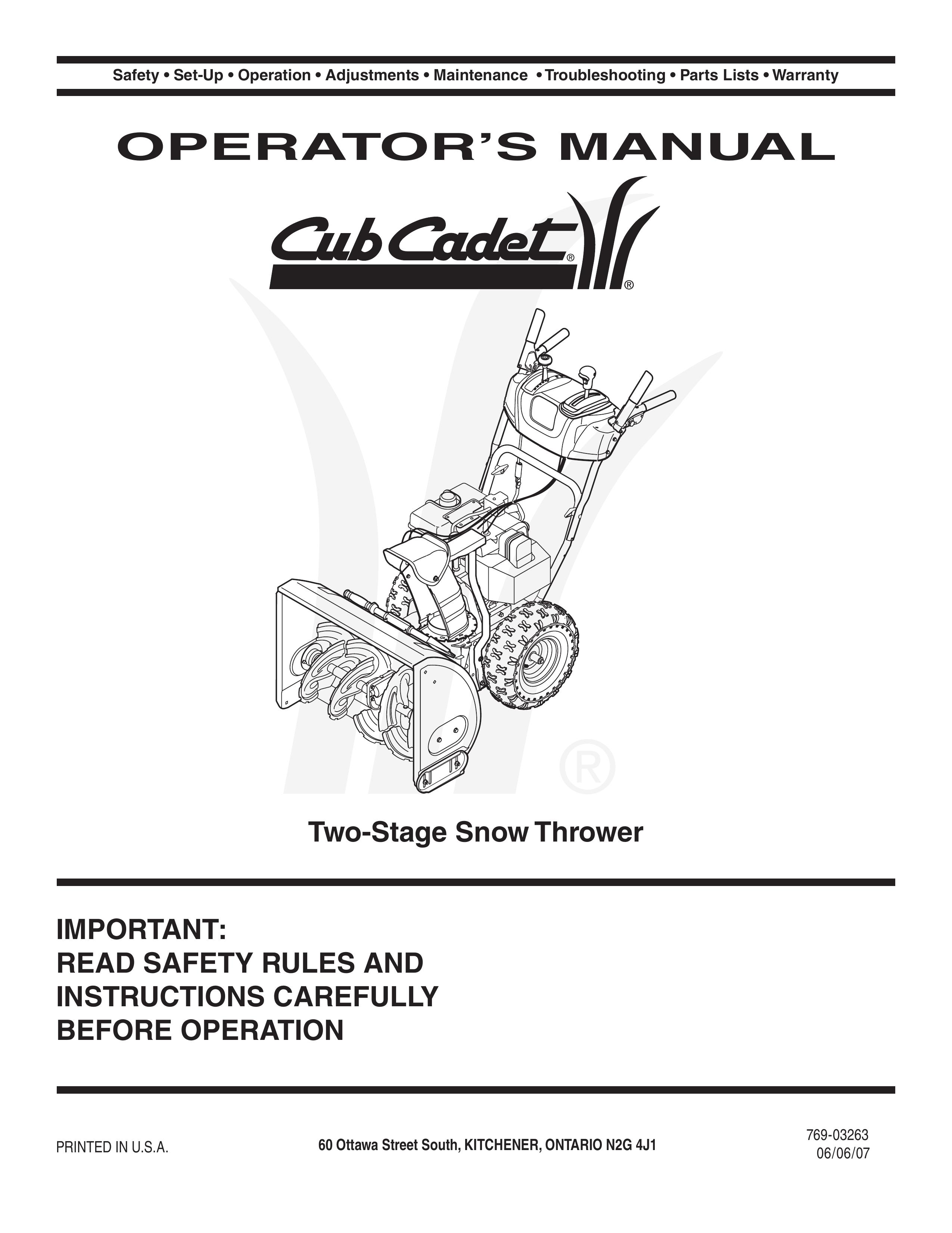Cub Cadet Two Stage Snow Thrower Snow Blower User Manual