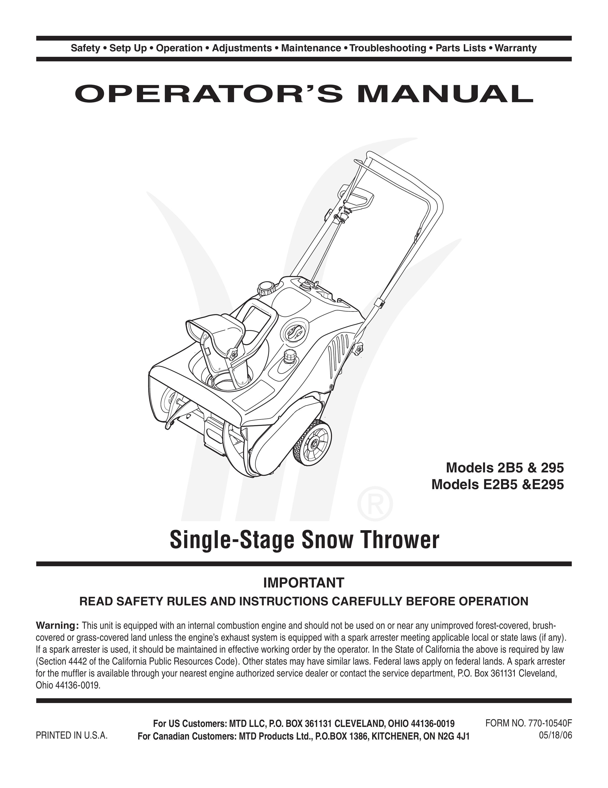 MTD 2B5&295 Snow Blower User Manual