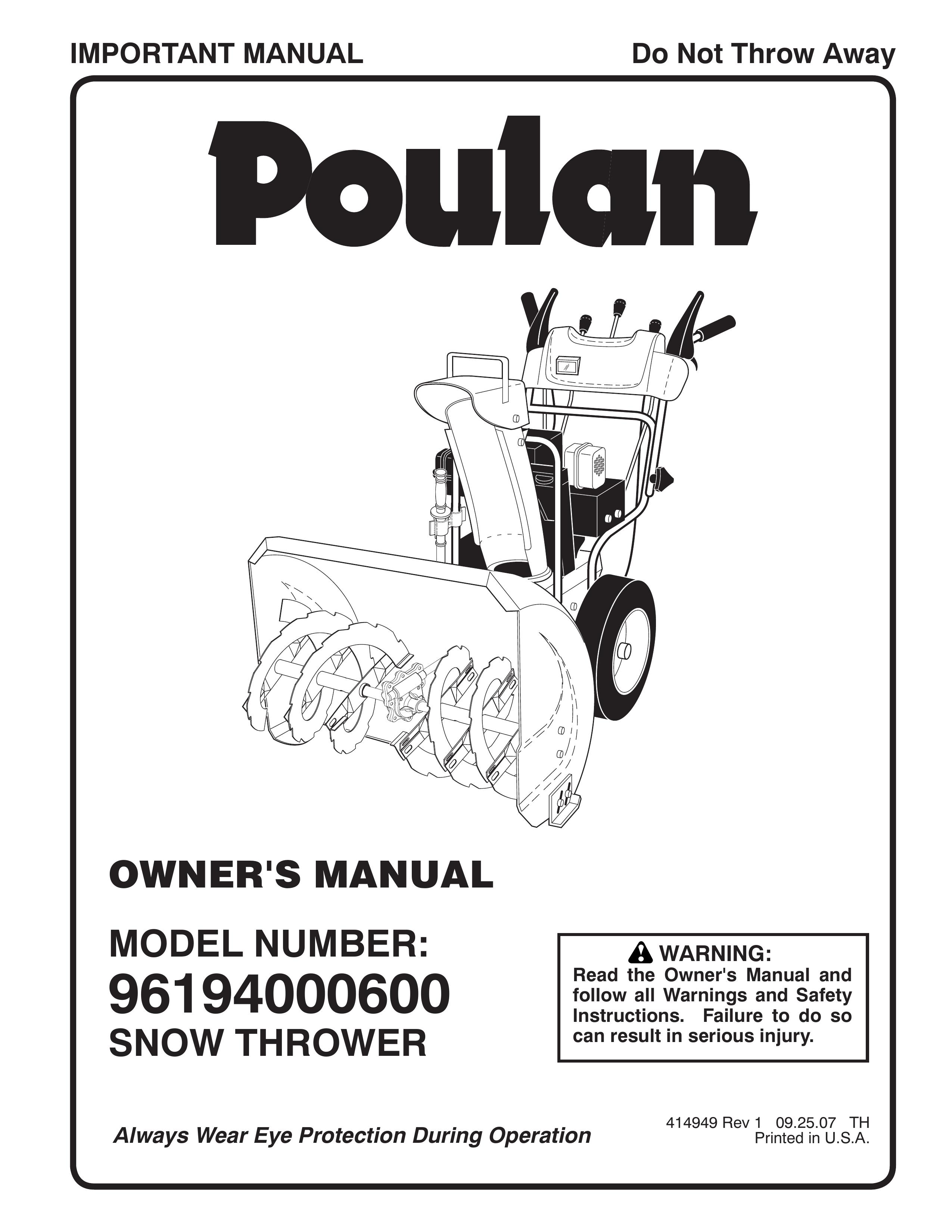 Poulan 414949 Snow Blower User Manual