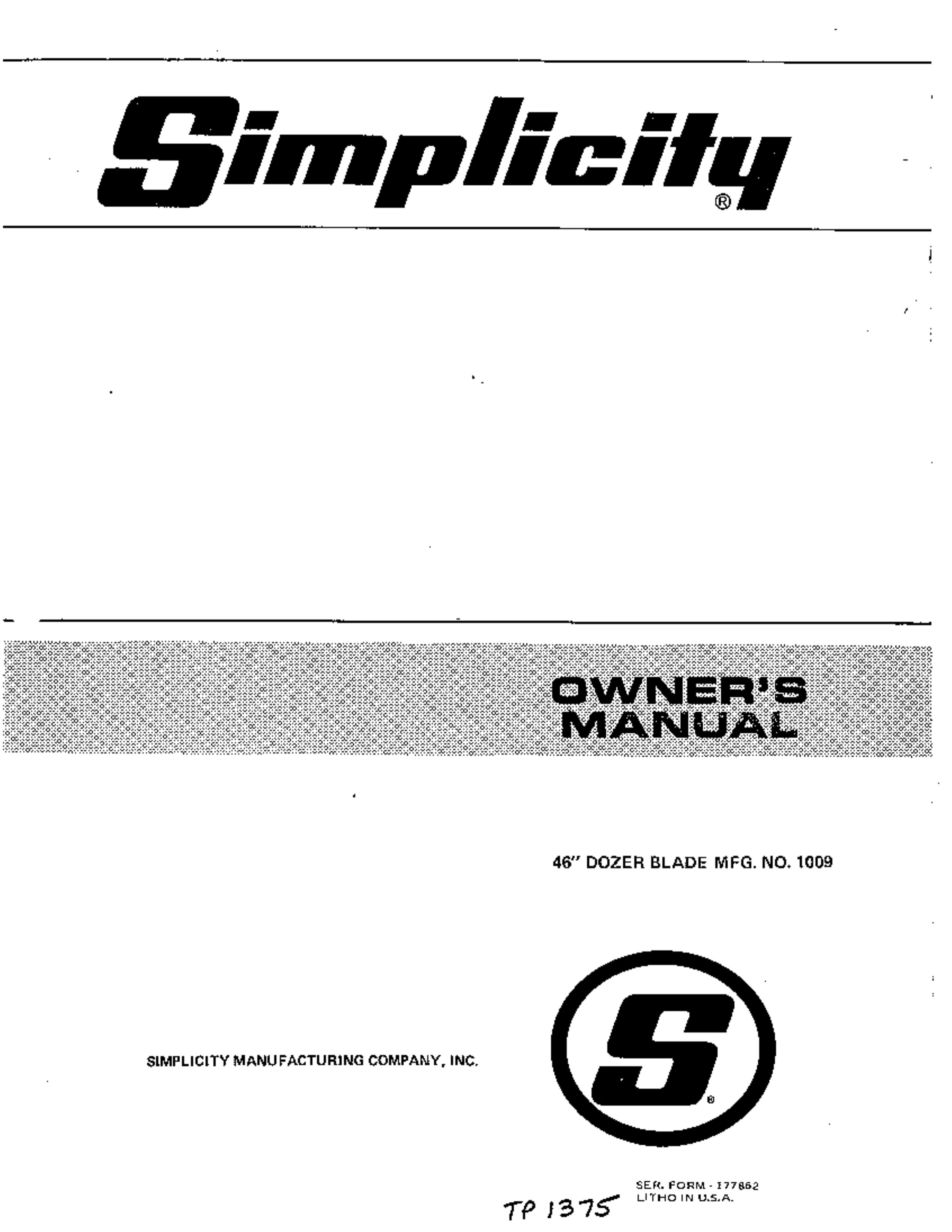 Simplicity 1009 Snow Blower User Manual