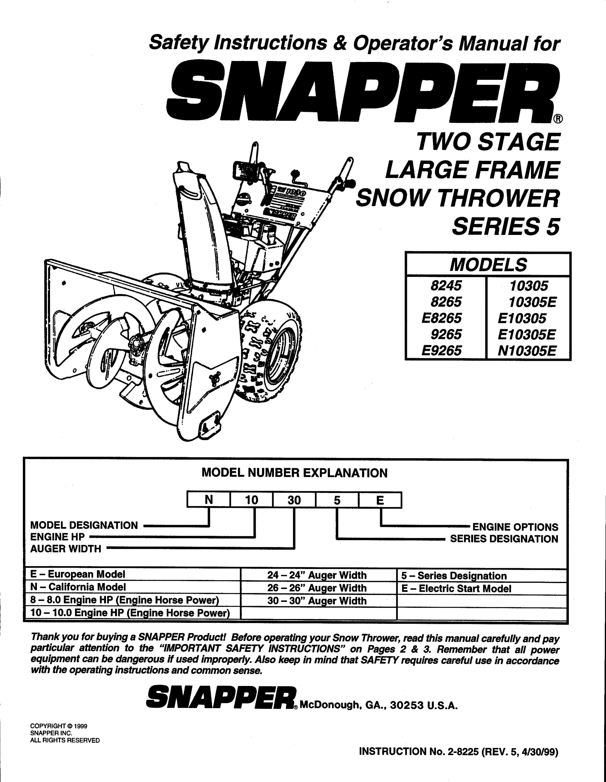Snapper 10305 Snow Blower User Manual