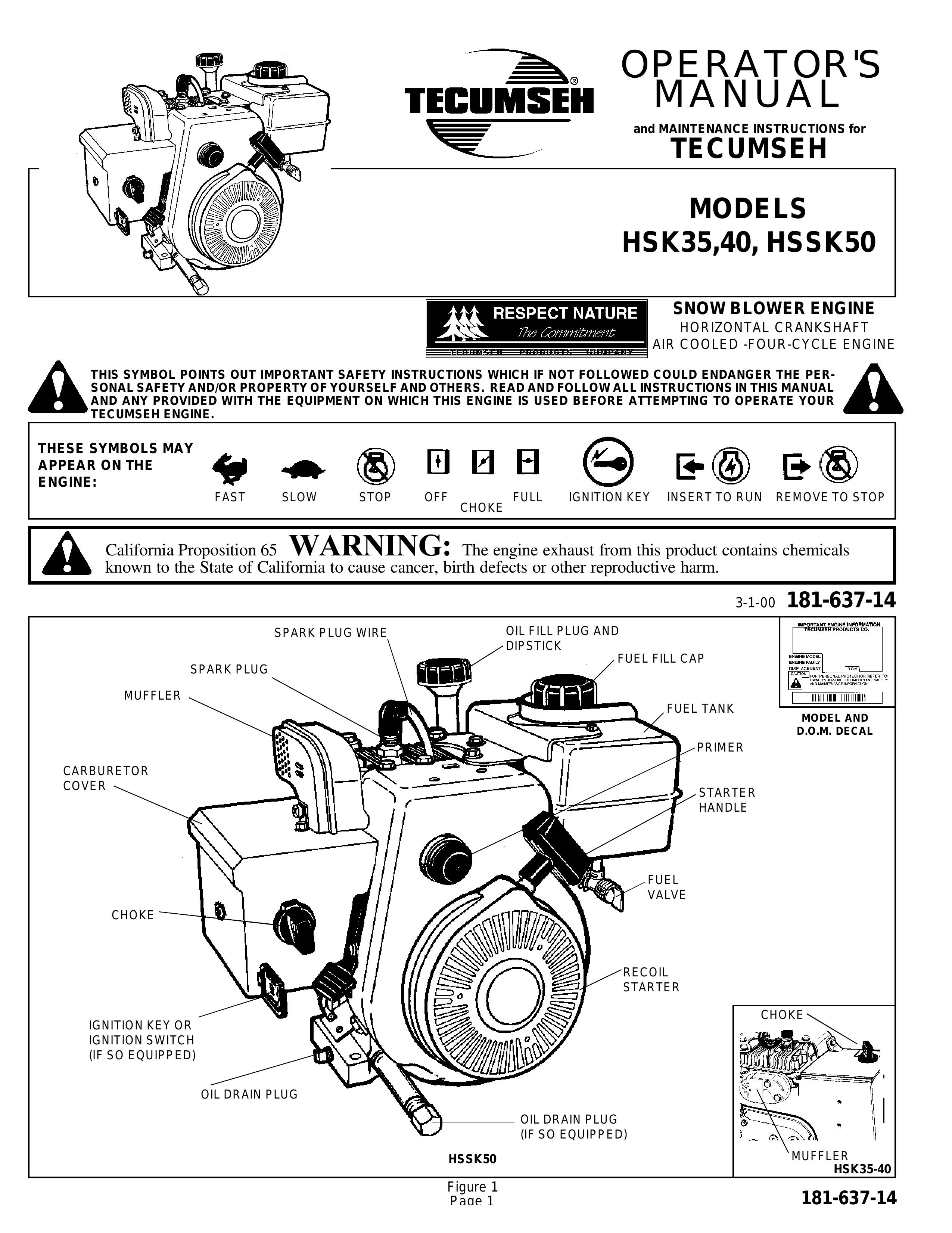 Tecumseh HSK35, HSK40, HSSK50 Snow Blower User Manual