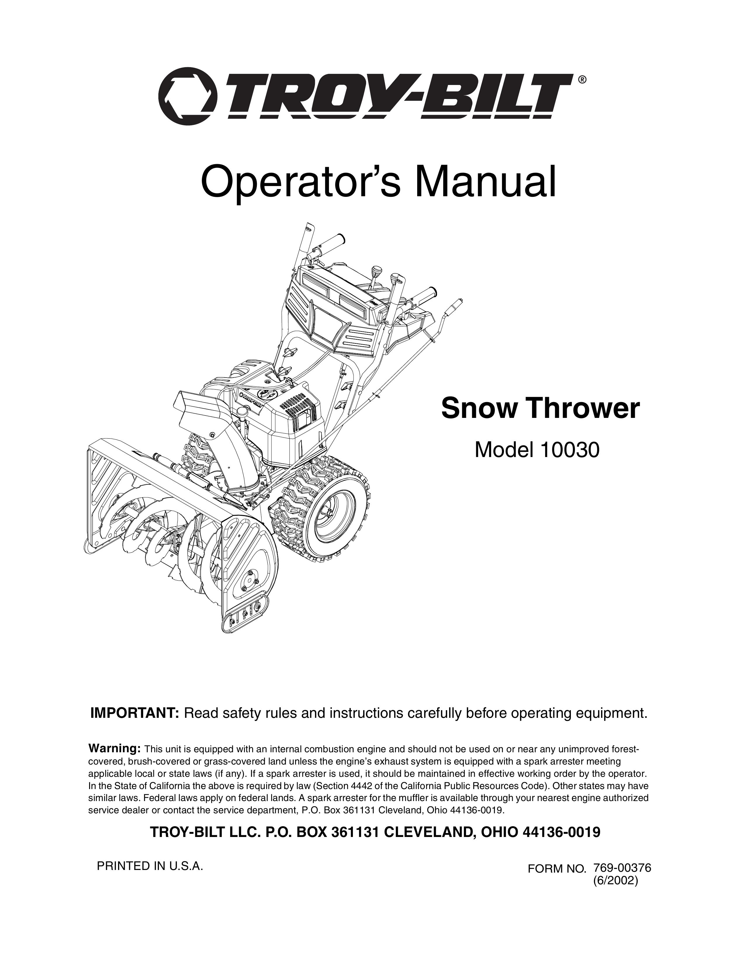 Troy-Bilt 10030 Snow Blower User Manual