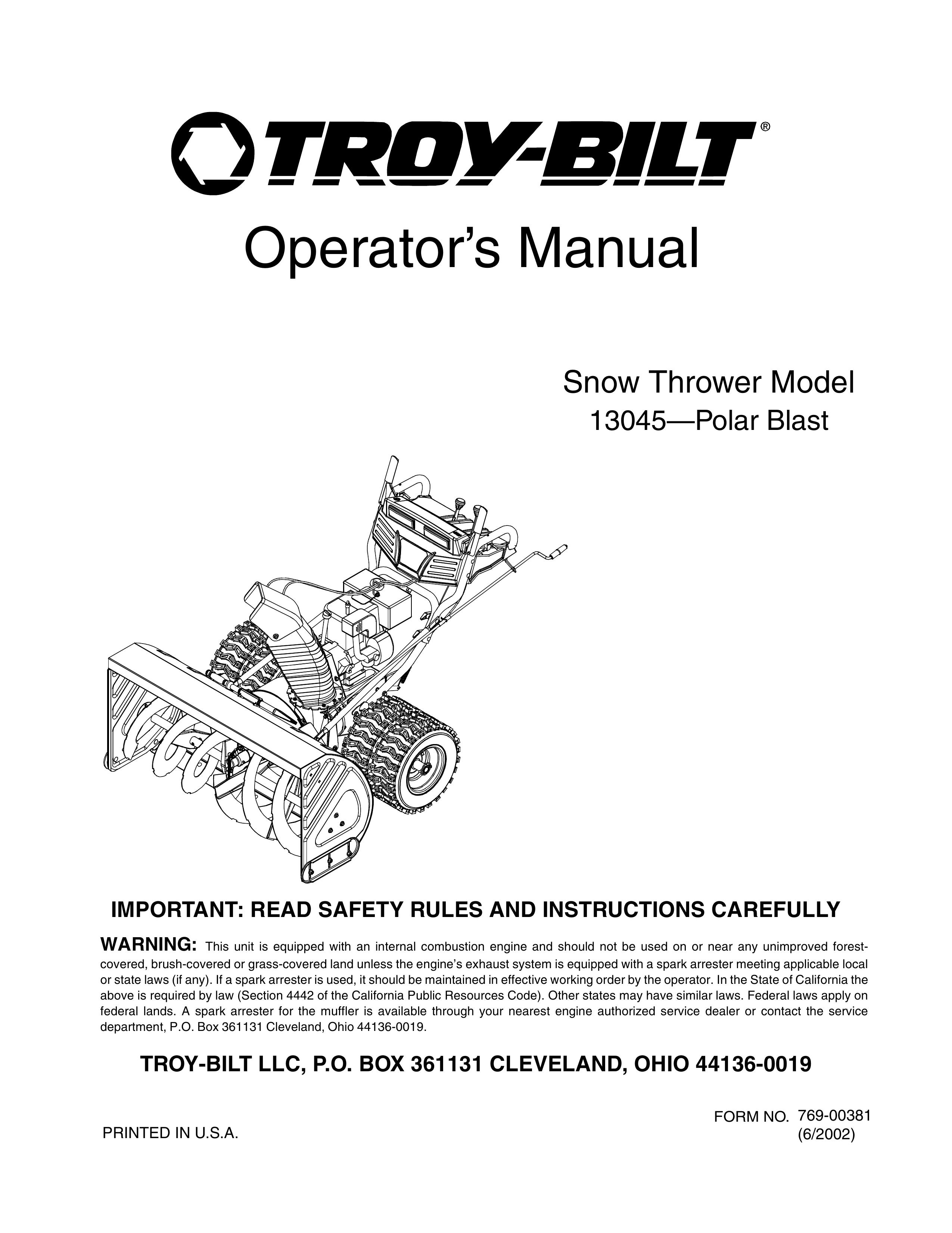 Troy-Bilt 13045 Snow Blower User Manual