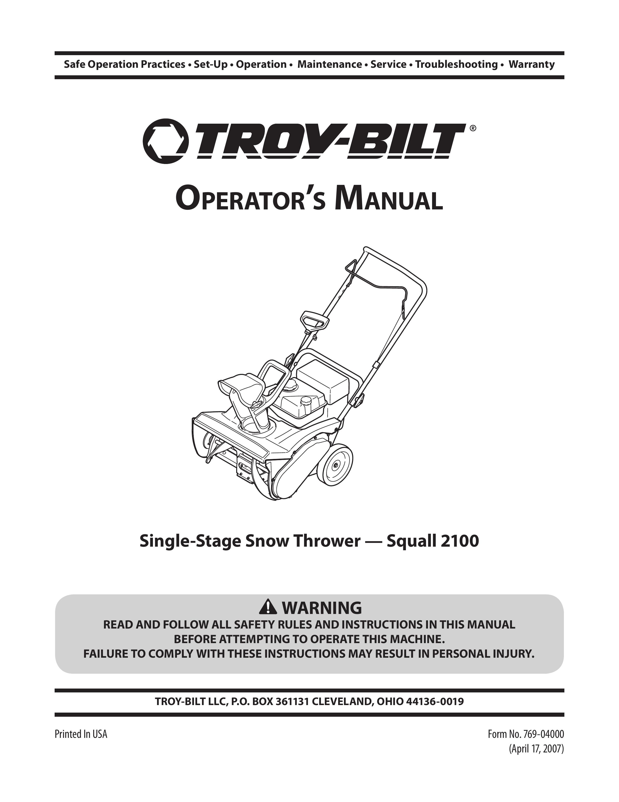 Troy-Bilt 2100 Snow Blower User Manual