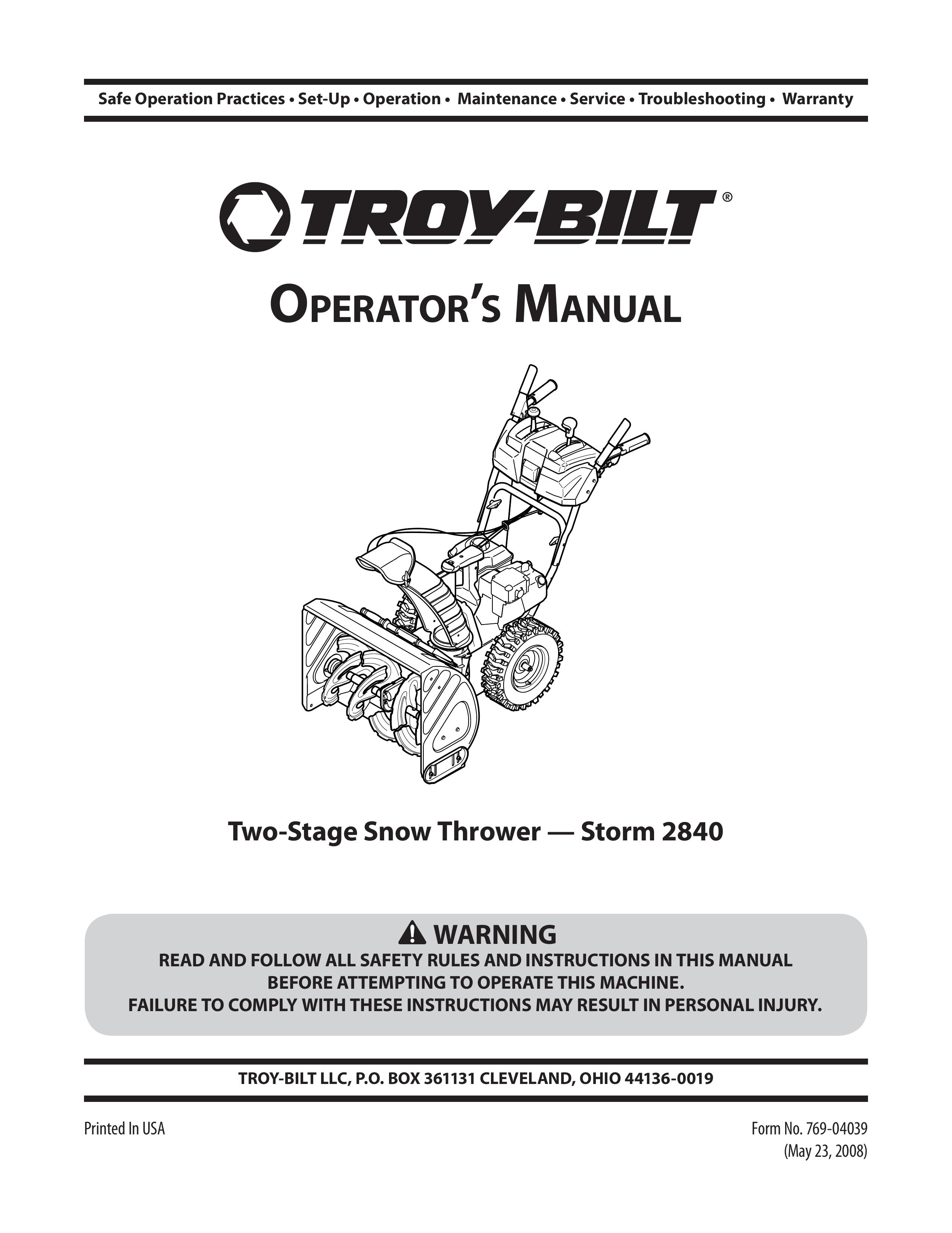 Troy-Bilt 2840 Snow Blower User Manual
