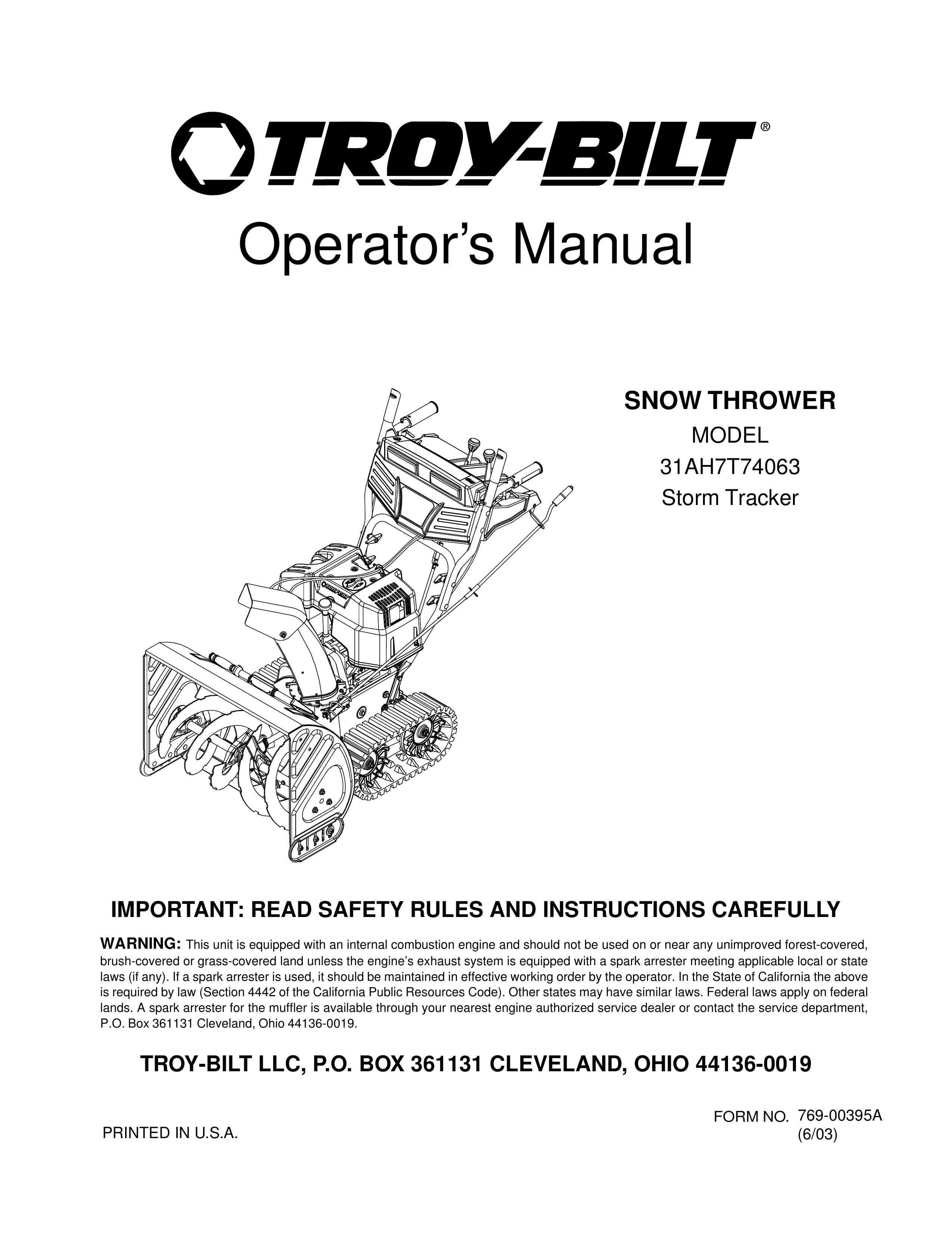 Troy-Bilt 31AH7T74063 Snow Blower User Manual