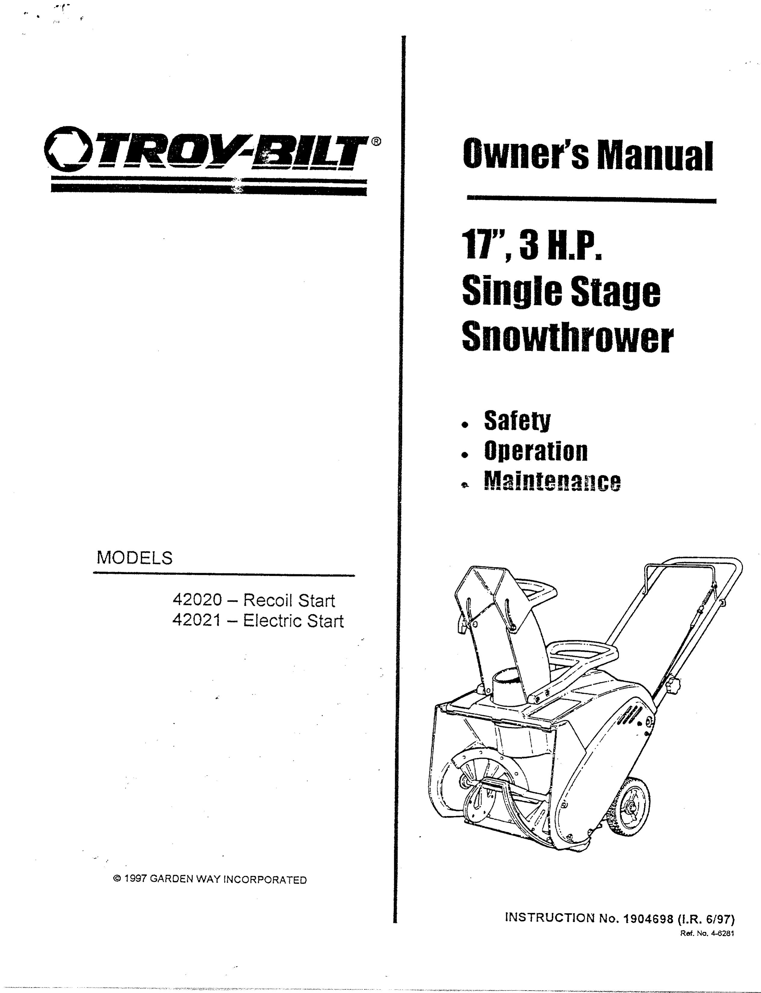 Troy-Bilt 42021 Snow Blower User Manual