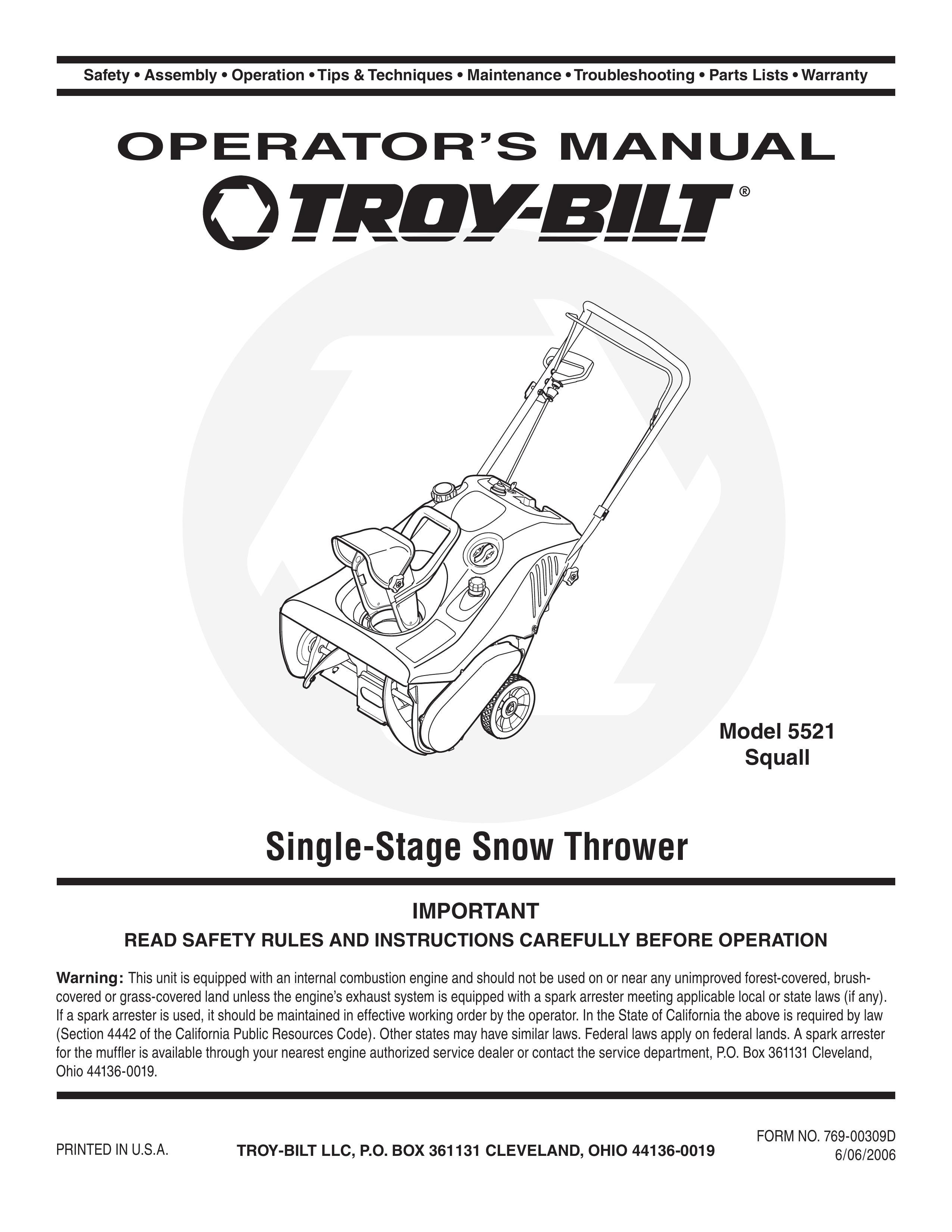 Troy-Bilt 5521 Snow Blower User Manual